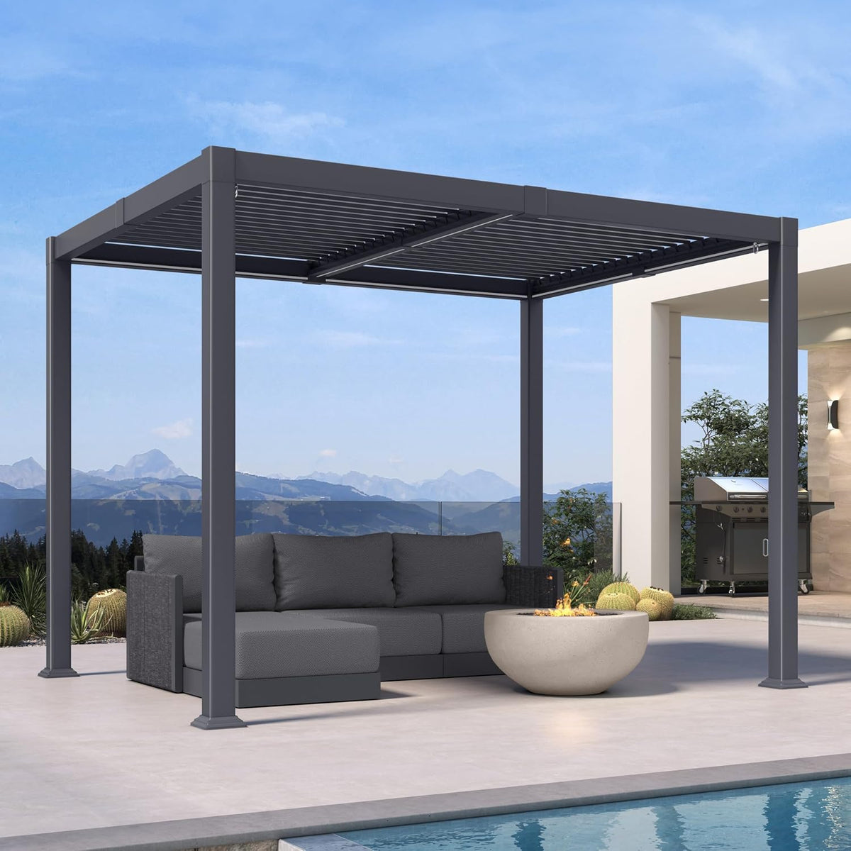PURPLE LEAF 92KS Louvered Pergola 8' x 10' with LED Strip Lights, Gray