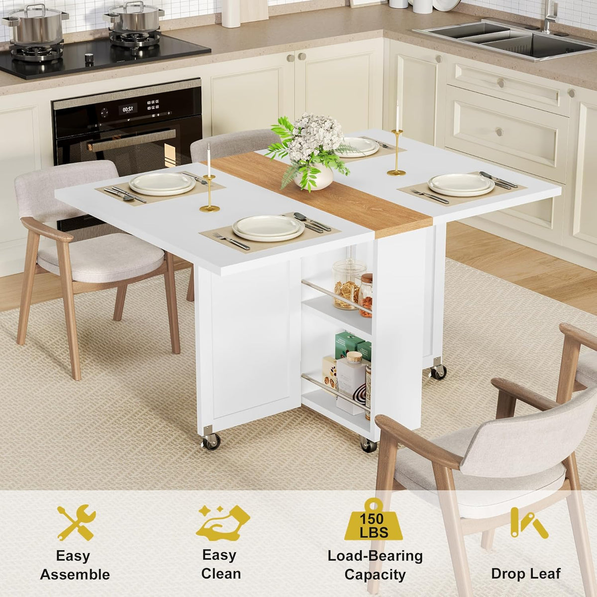 Folding Dining Table for 2-6, Easy Assembly, White+Oak