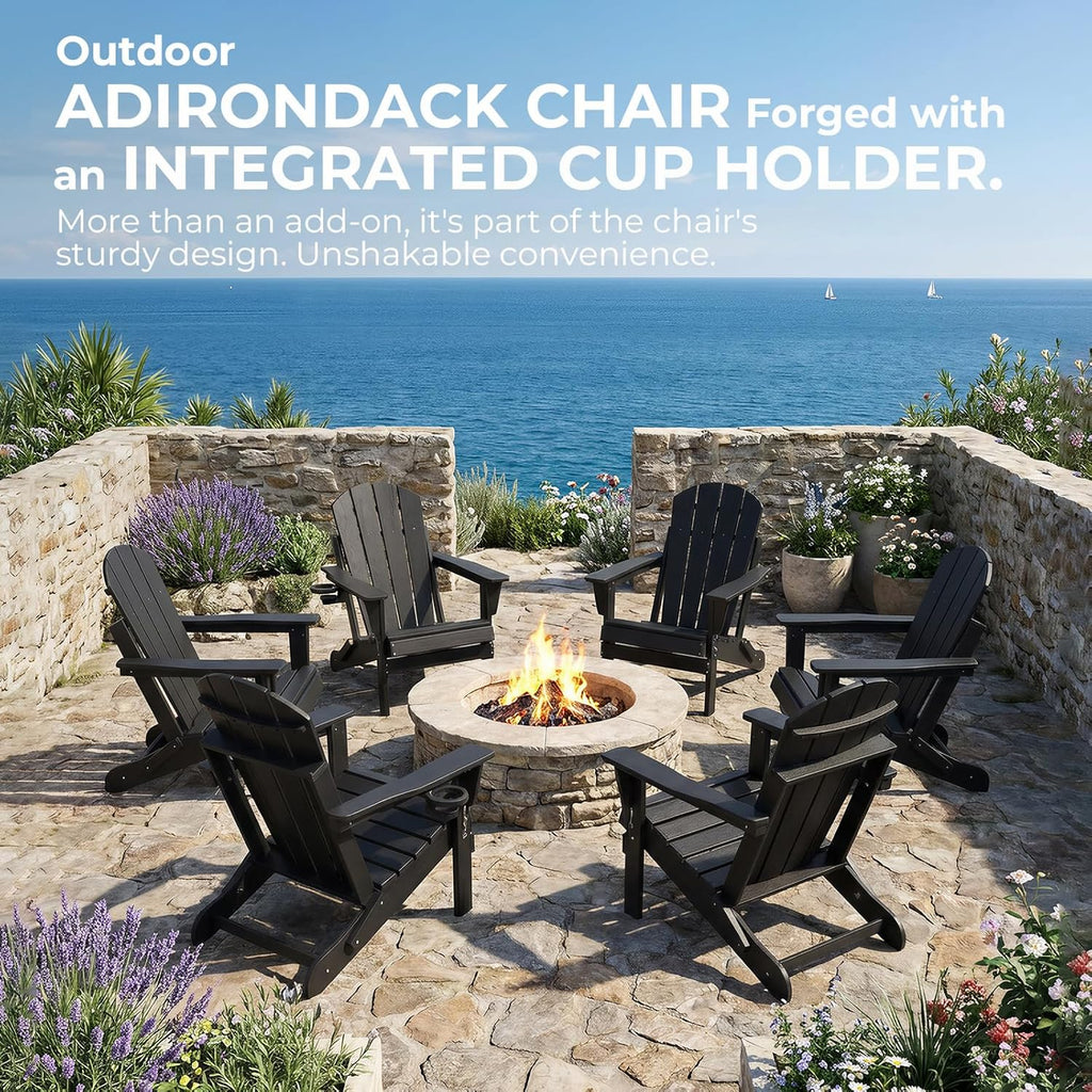 HDPE Folding Adirondack Chair, Outdoor Patio Chair with Cup Holder, Weather Resistant Wood Grain Lawn Chair for Backyard, Garden, Fire Pit, Deck, Black
