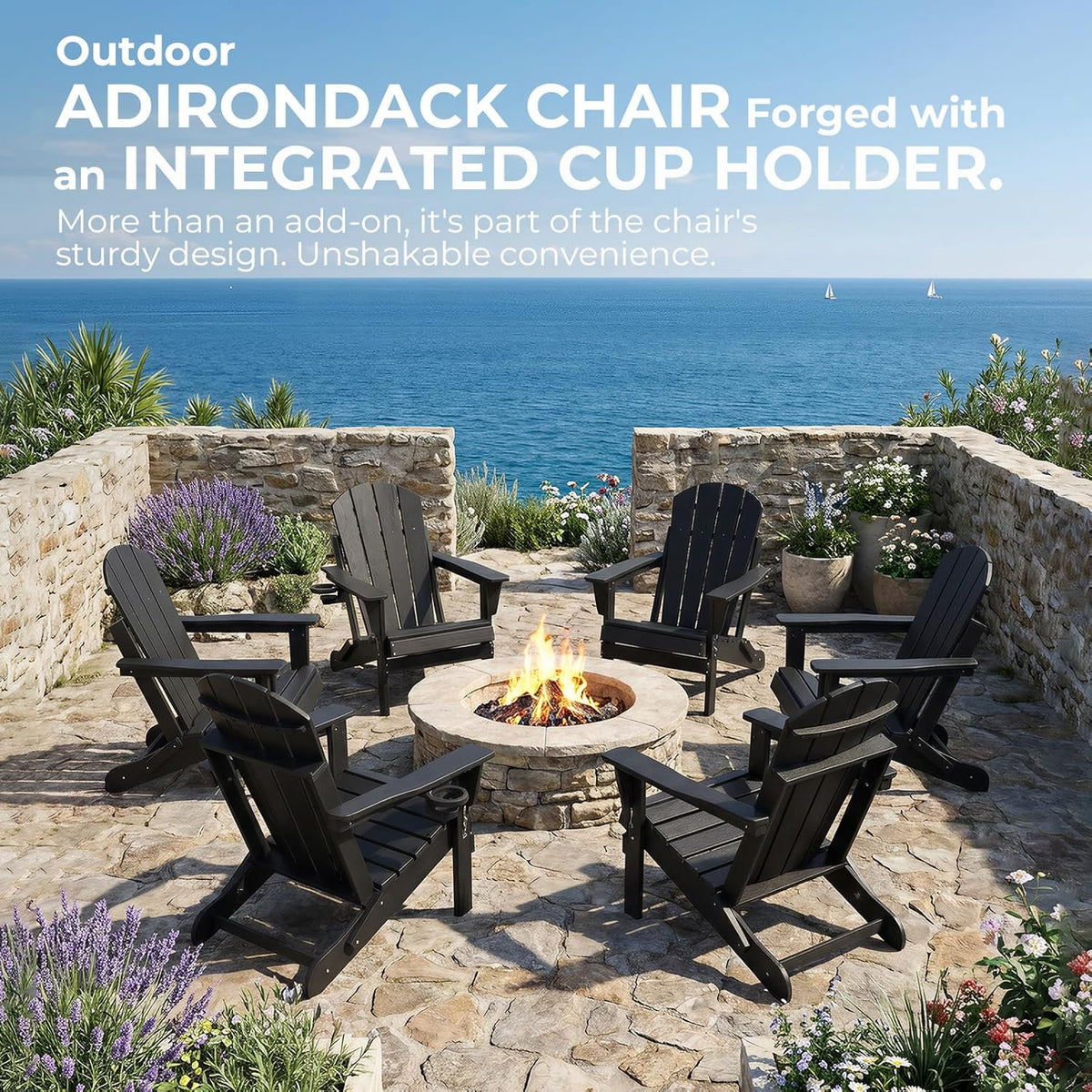 HDPE Folding Adirondack Chair, Outdoor Patio Chair with Cup Holder, Weather Resistant Wood Grain Lawn Chair for Backyard, Garden, Fire Pit, Deck, Black