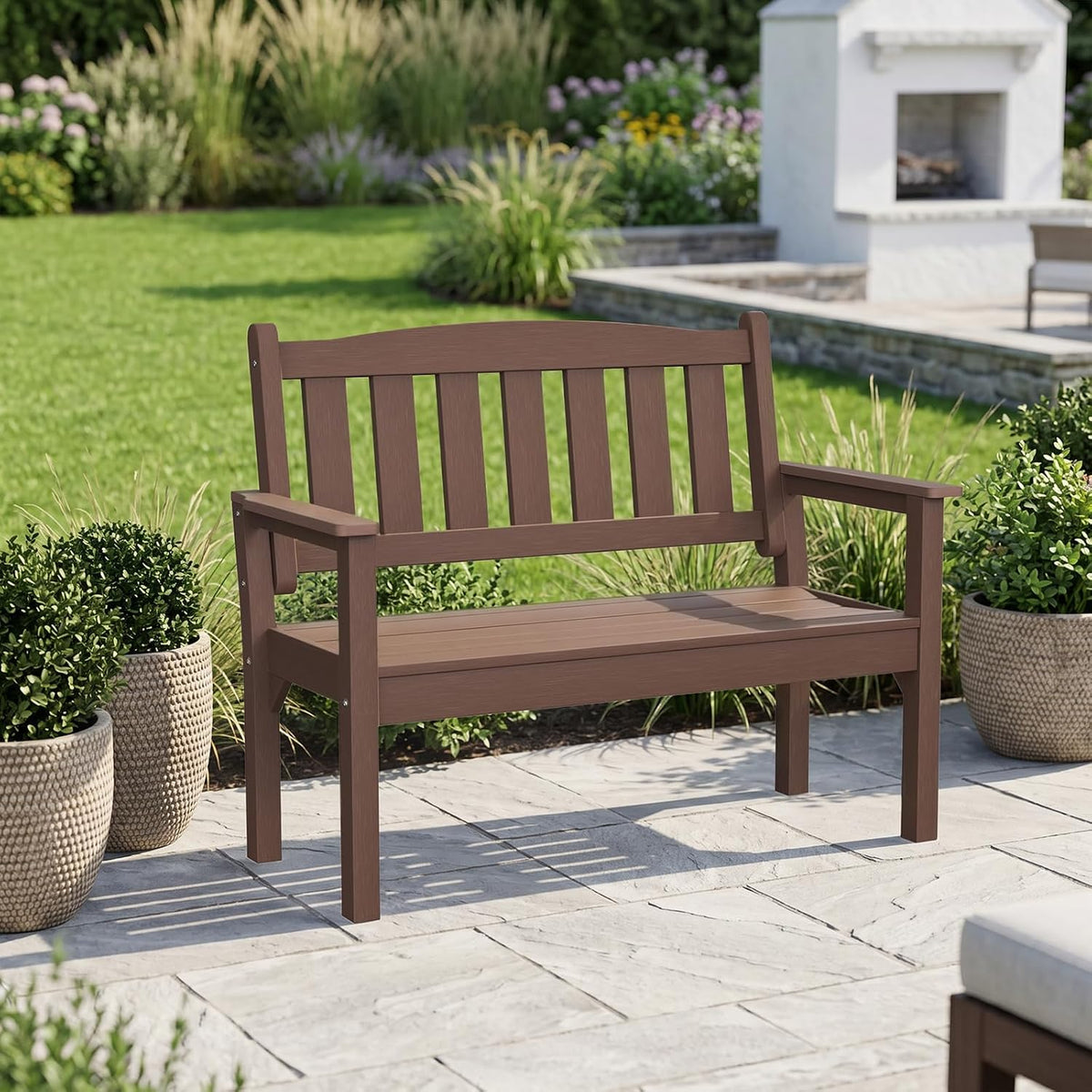 Psilvam 2-Person Poly Lumber Outdoor Garden Bench 700 Lbs Capacity, Brown