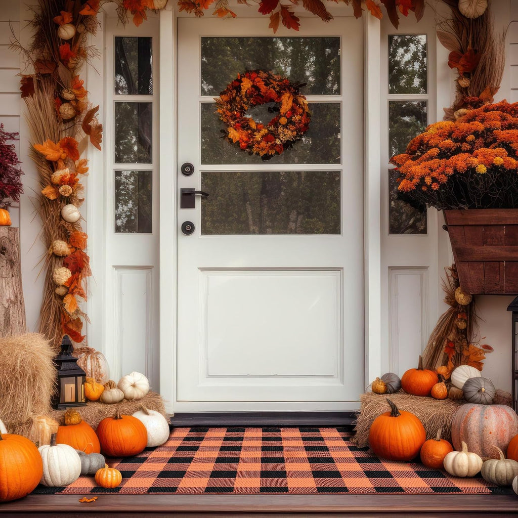 Tinideya 4' x 6' Fall Outdoor Rug, Plaid Buffalo, Orange and Black