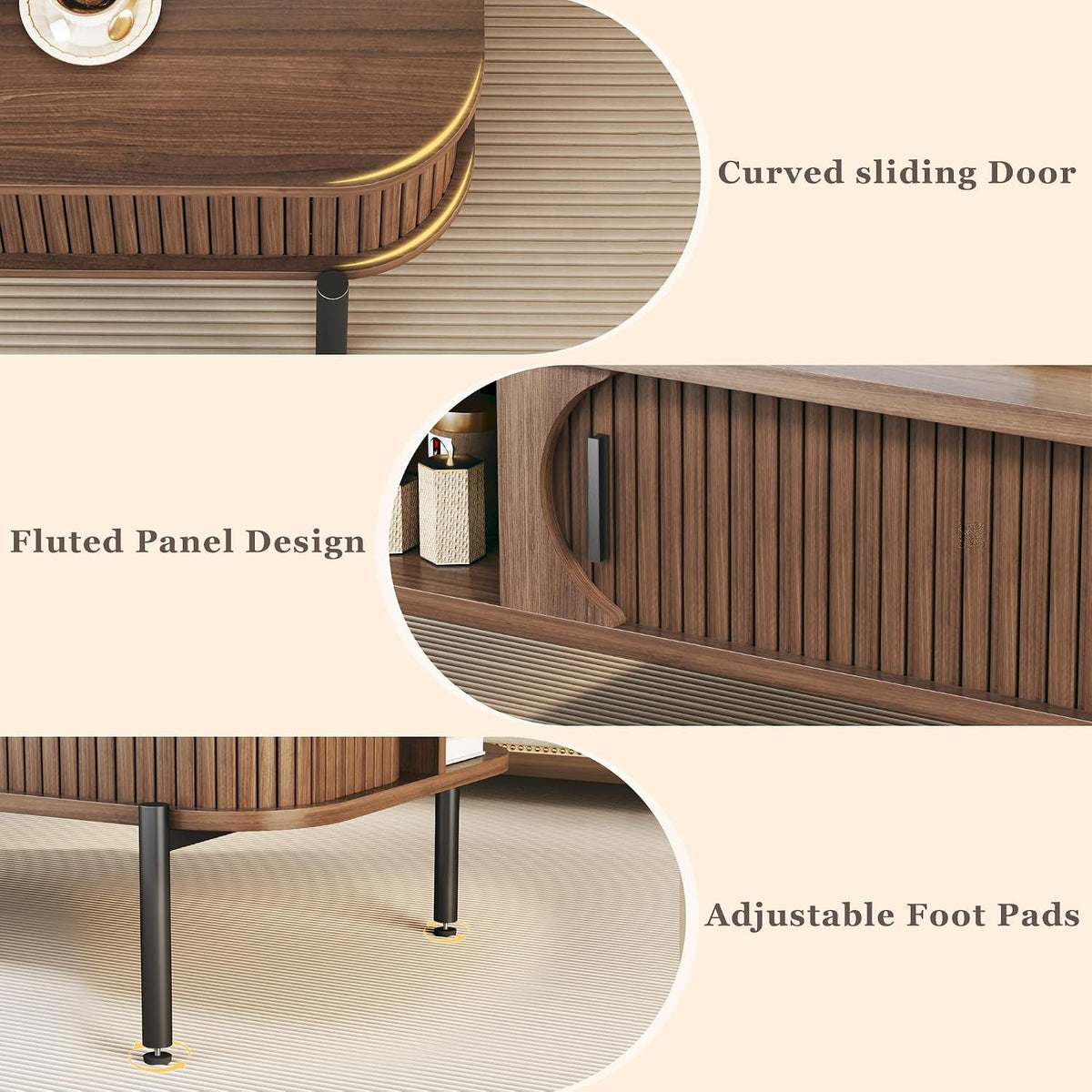 Coffee Table, 39.4" Fluted Coffee Table for Living Room, Mid Century Modern Table with Sliding Cabinet Door 2-Tier Rustic Wood Desktop with Storage Open Shelf, Walnut