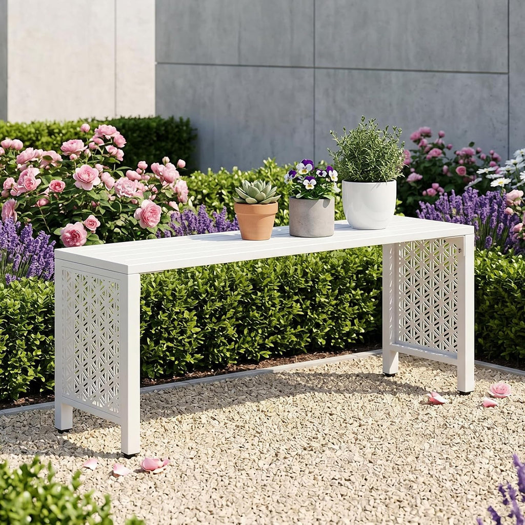 VINGLI 40in Outdoor Metal Bench, All-Weathe Backless Patio Bench with Slatted Seat＆Floral Side Panels, Rust-Resistant Garden Bench, Weatherproof Outdoor Seating for Porch Entryway Backyard (White)