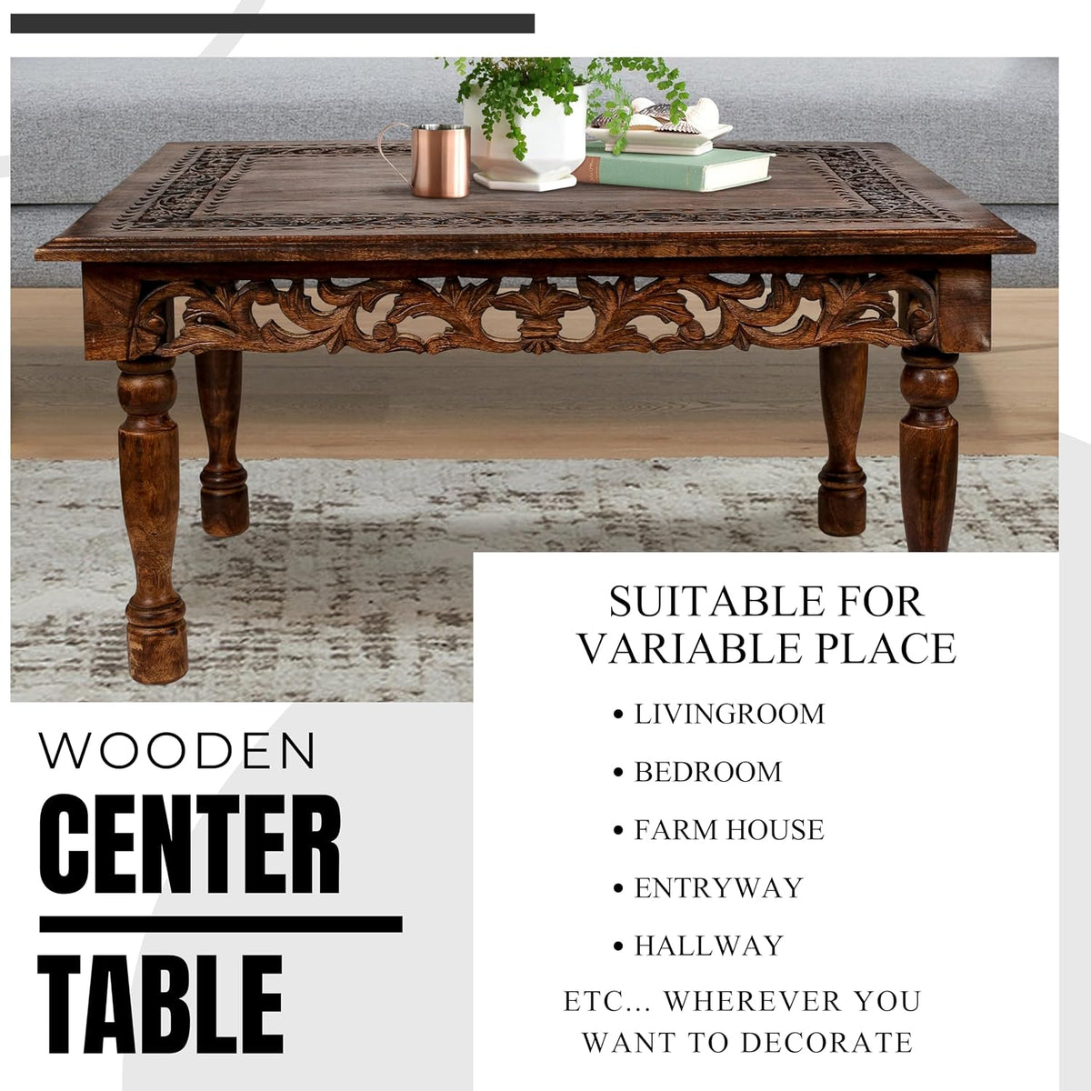 Farmhouse Coffee Table, Jali Carving, 36x24x18 in, Burnt