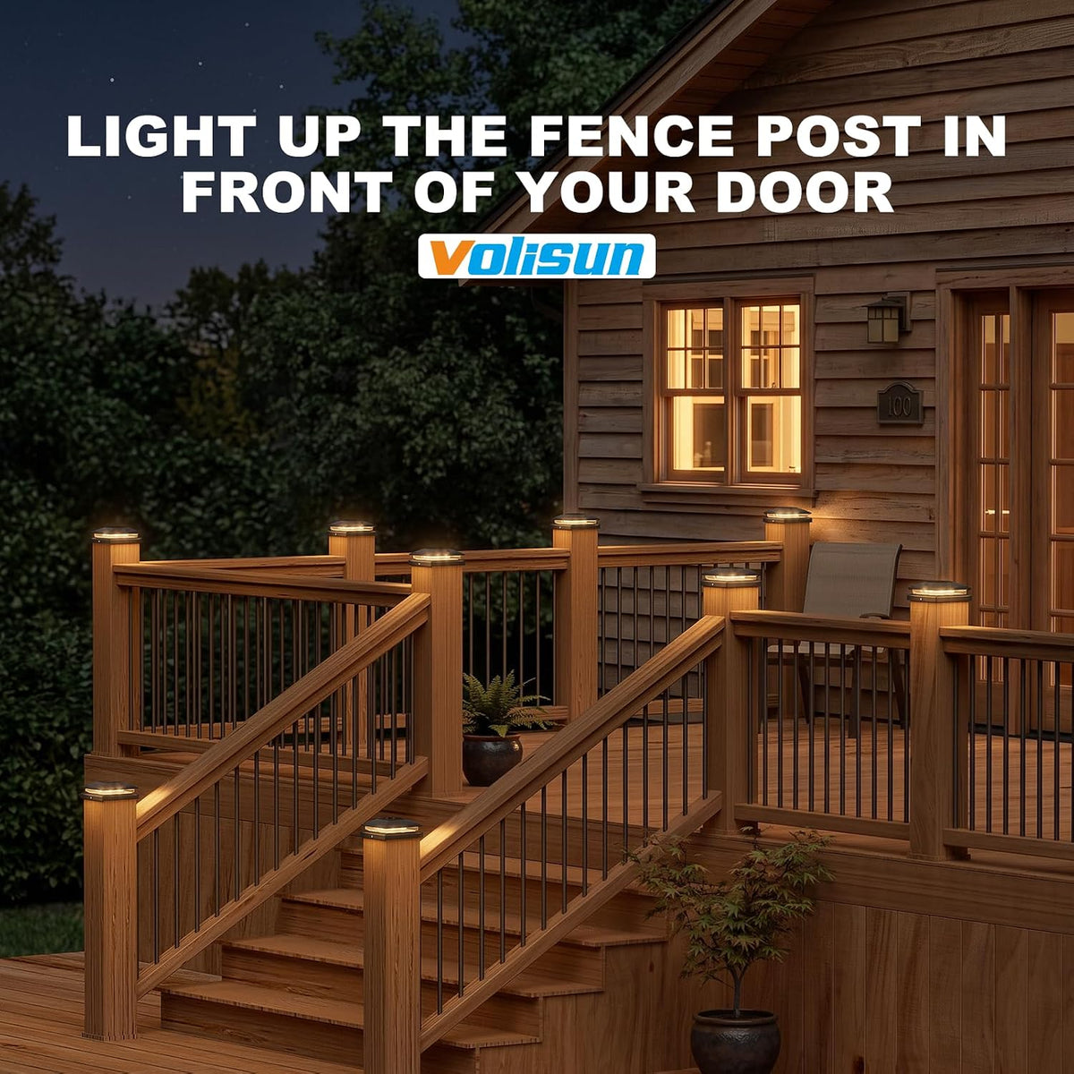 volisun black solar post cap lights, warm white shown in use