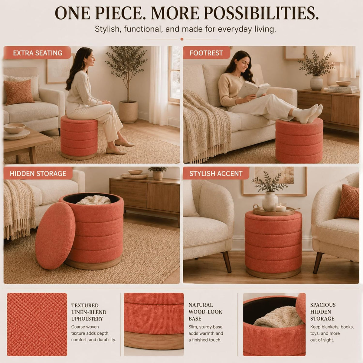 Linen Storage Ottoman Round Footrest with Hidden Storage, Coral Orange 16" L X16 W X 17" H