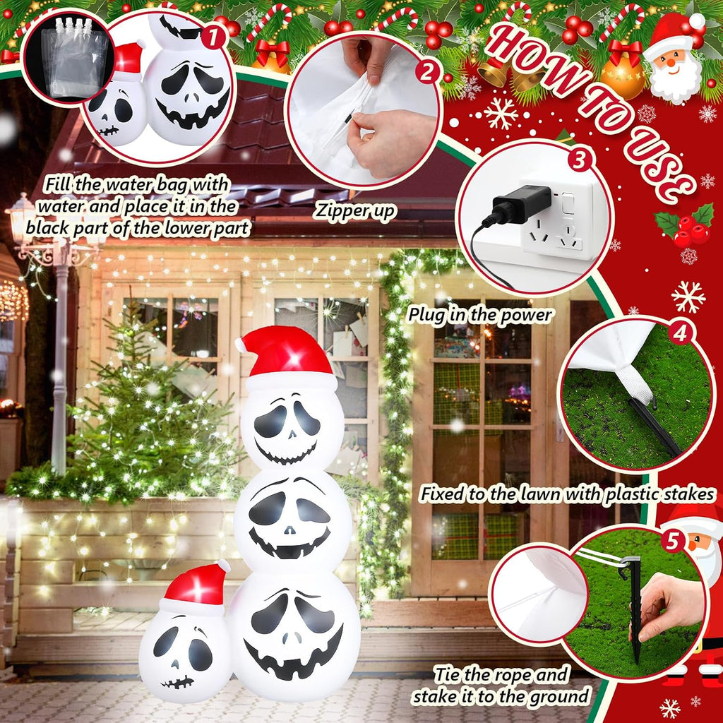 Leyndo 6ft Christmas Inflatable, Skeleton Inflatable with Santa Hat Christmas Decorations for Xmas Holiday Party Indoor Outdoor Halloween Garden Lawn Yard Sign, with Build-in LED Lights