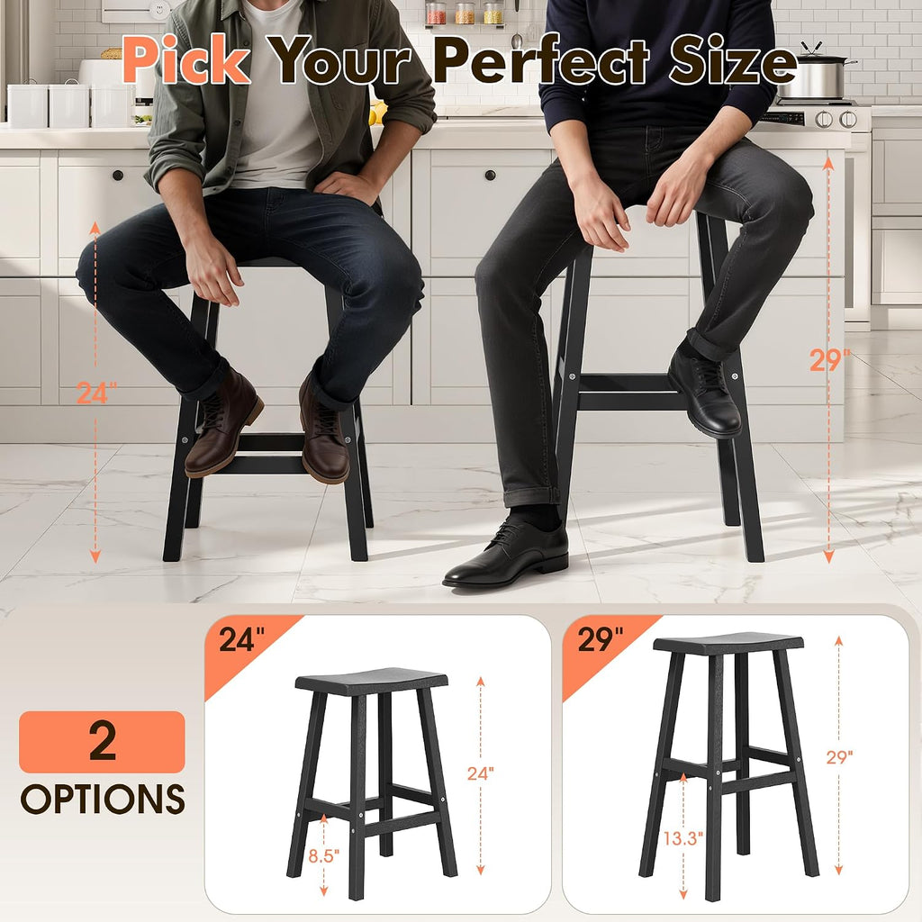 NUNU LAB Polywood Saddle-Seat Counter Height Bar Stools for Kitchen Island with Footrest, HDPE Waterproof Barstools for Outdoor/Indoor, 29-Inch Height, Black, Set of 2