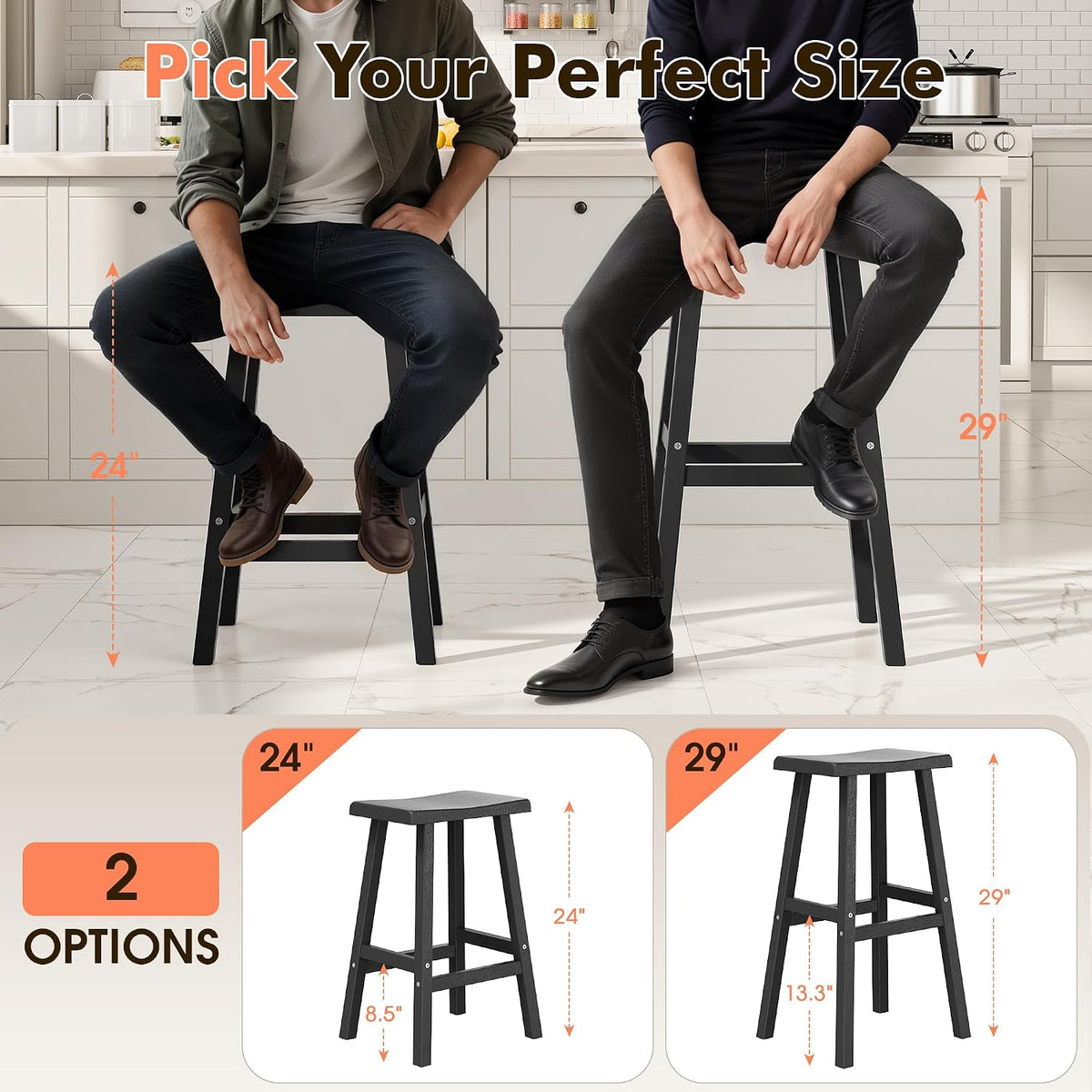 NUNU LAB Polywood Saddle-Seat Counter Height Bar Stools for Kitchen Island with Footrest, HDPE Waterproof Barstools for Outdoor/Indoor, 29-Inch Height, Black, Set of 2