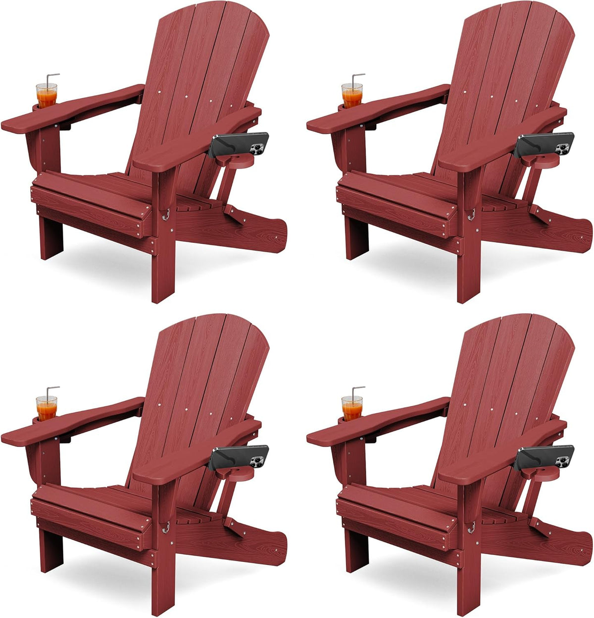 KINGYES Folding Adirondack Chair Set of 4 with 2 Cup Holders, Red