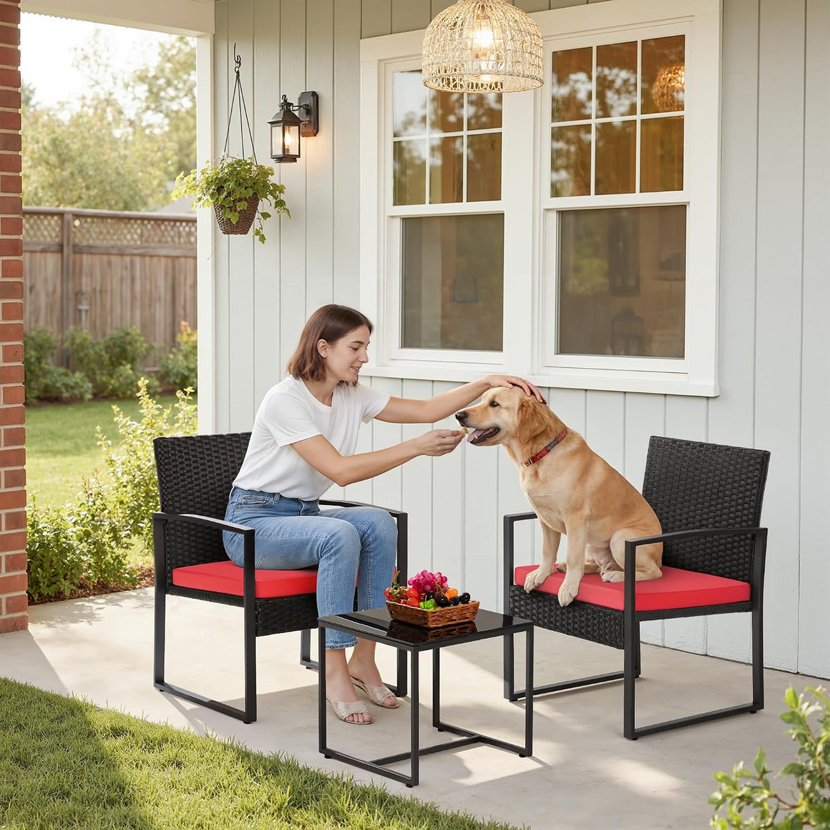 Greesum 3 Piece Wicker Conversation Bistro Sets Outdoor Patio Set(Red)
