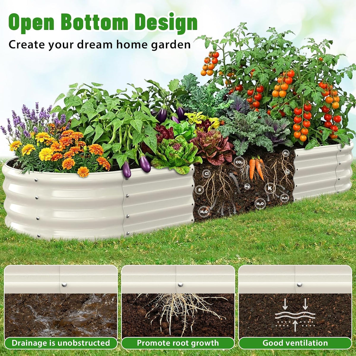 White Oval Raised Garden Bed / Galvanized Steel Planter Box,6 x 2 x 1FT
