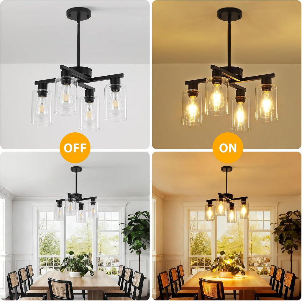 4-Light Black Farmhouse Chandelier, Adjustable Height Pendant Lighting
