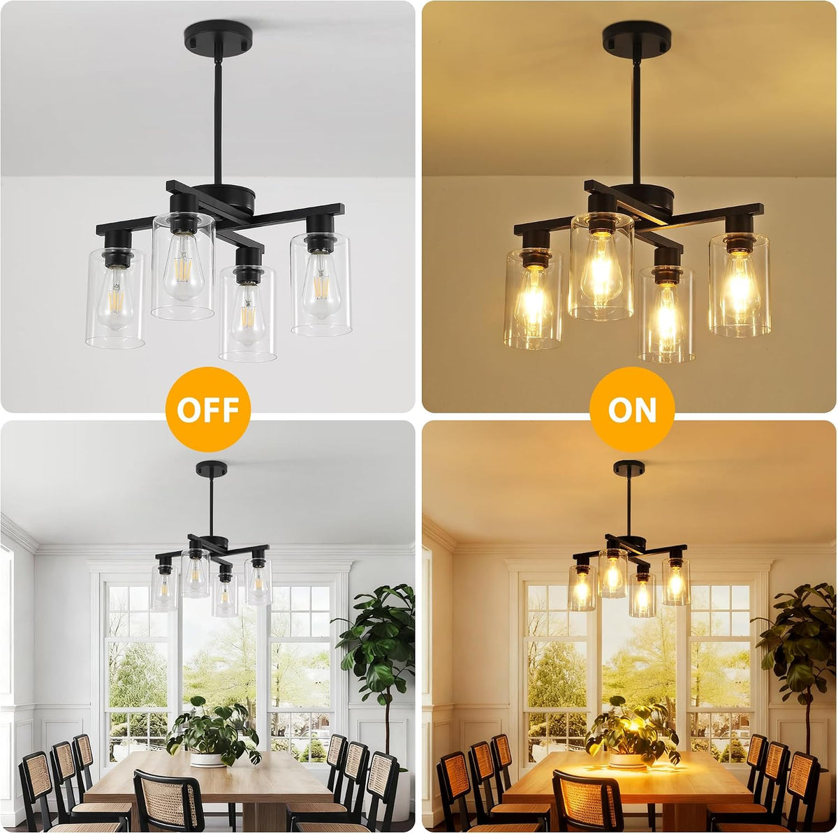 4-Light Black Farmhouse Chandelier, Adjustable Height Pendant Lighting