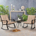 SOLAURA 3-Piece Outdoor Rocking Chairs Bistro Set, Black Iron Patio Furniture with Brown Thickened Cushion & Glass-Top Coffee Table