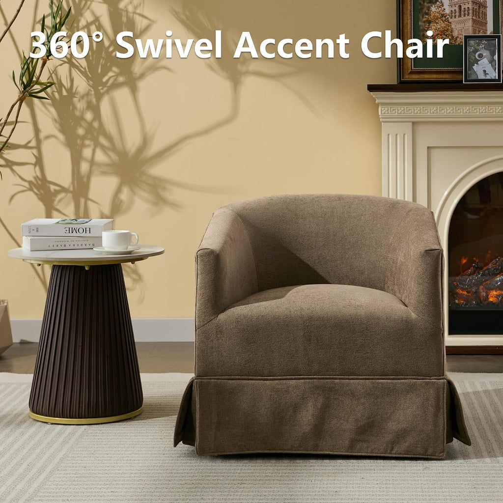 Swivel Accent Chairs Set of 2, Barrel Chair, Skirted Base, Brown