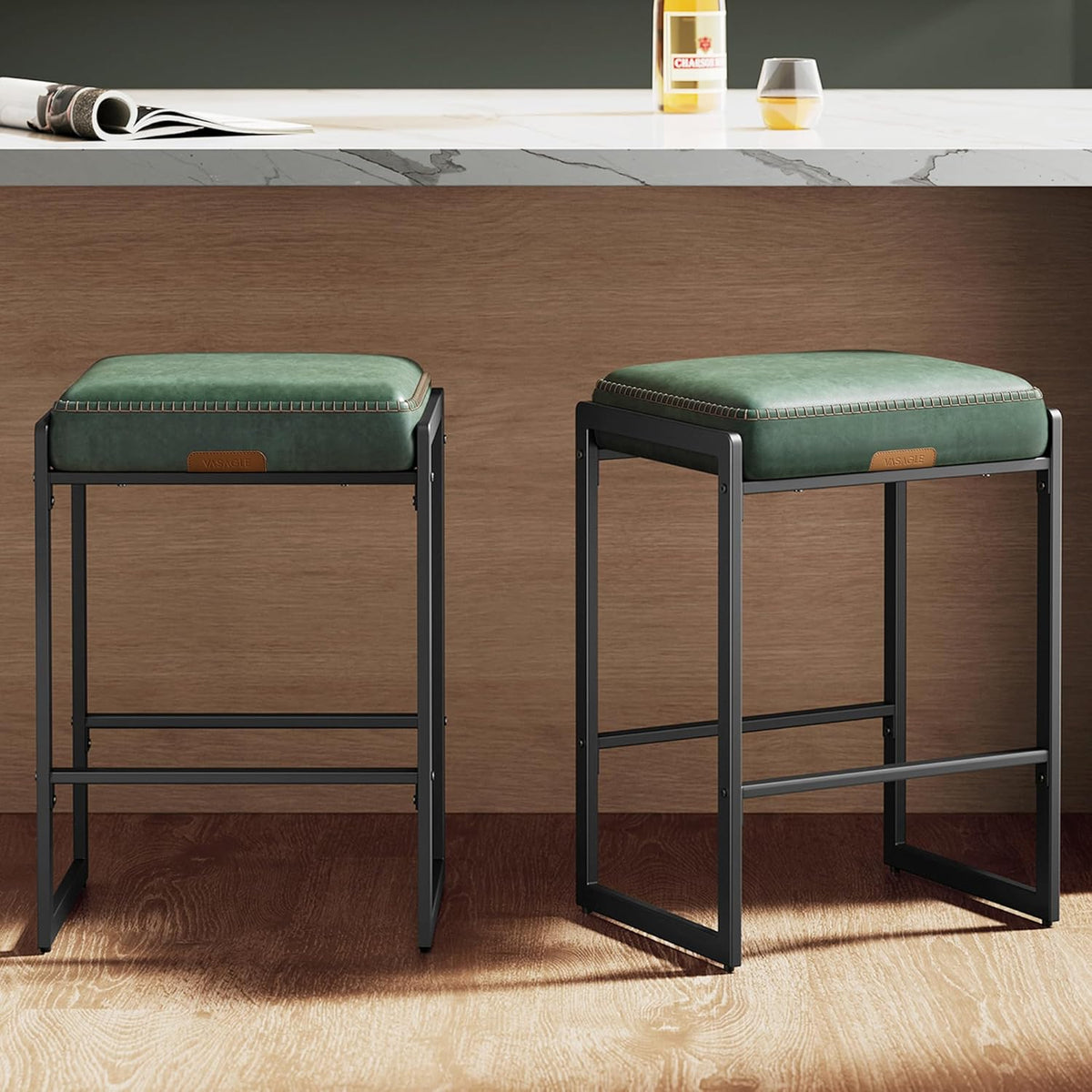 VASAGLE Bar Stools Set of 2, Counter Height, PU Leather, 26-Inch
