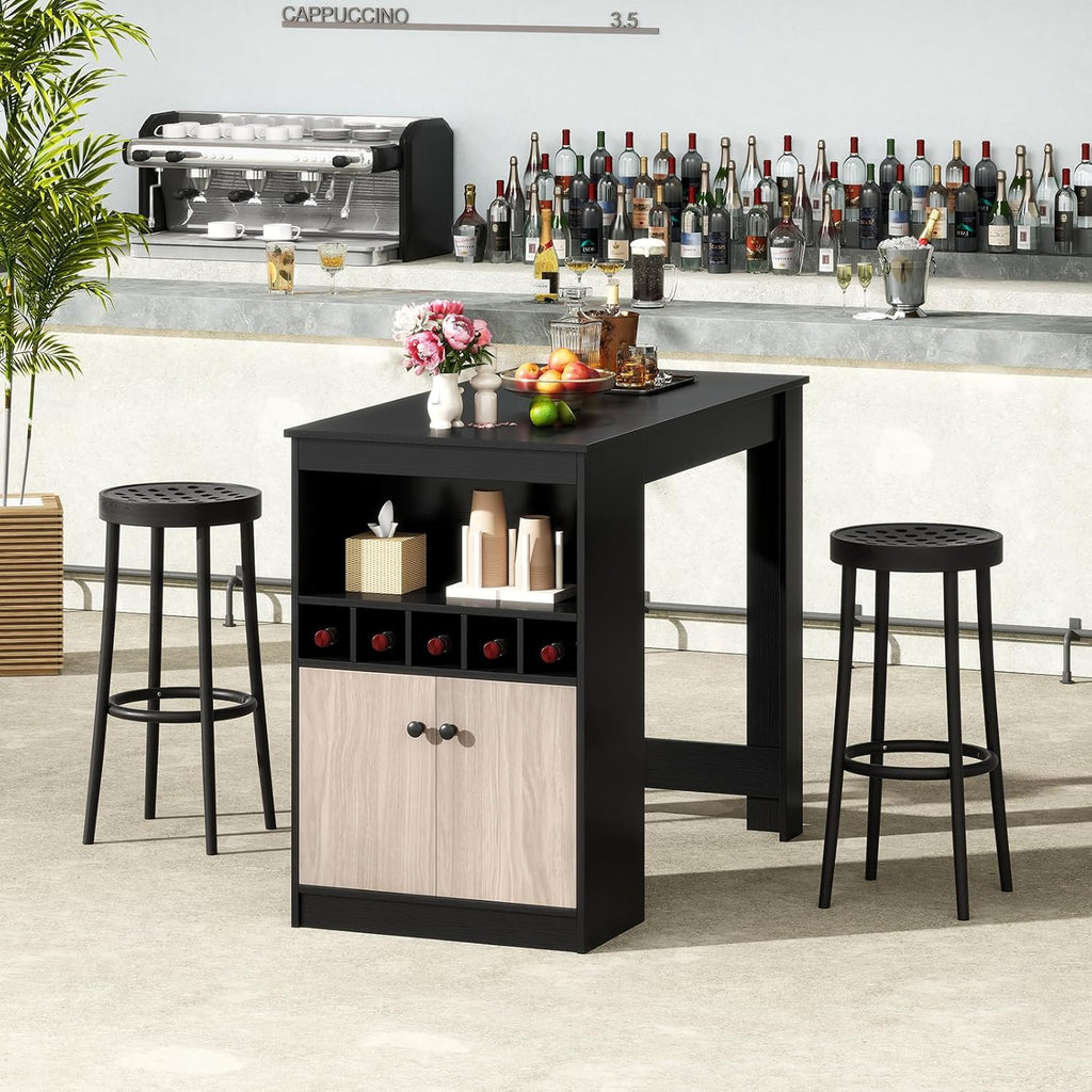 COSTWAY 48" Bar Table with Storage Cabinet & Wine Rack, Home Dining Table