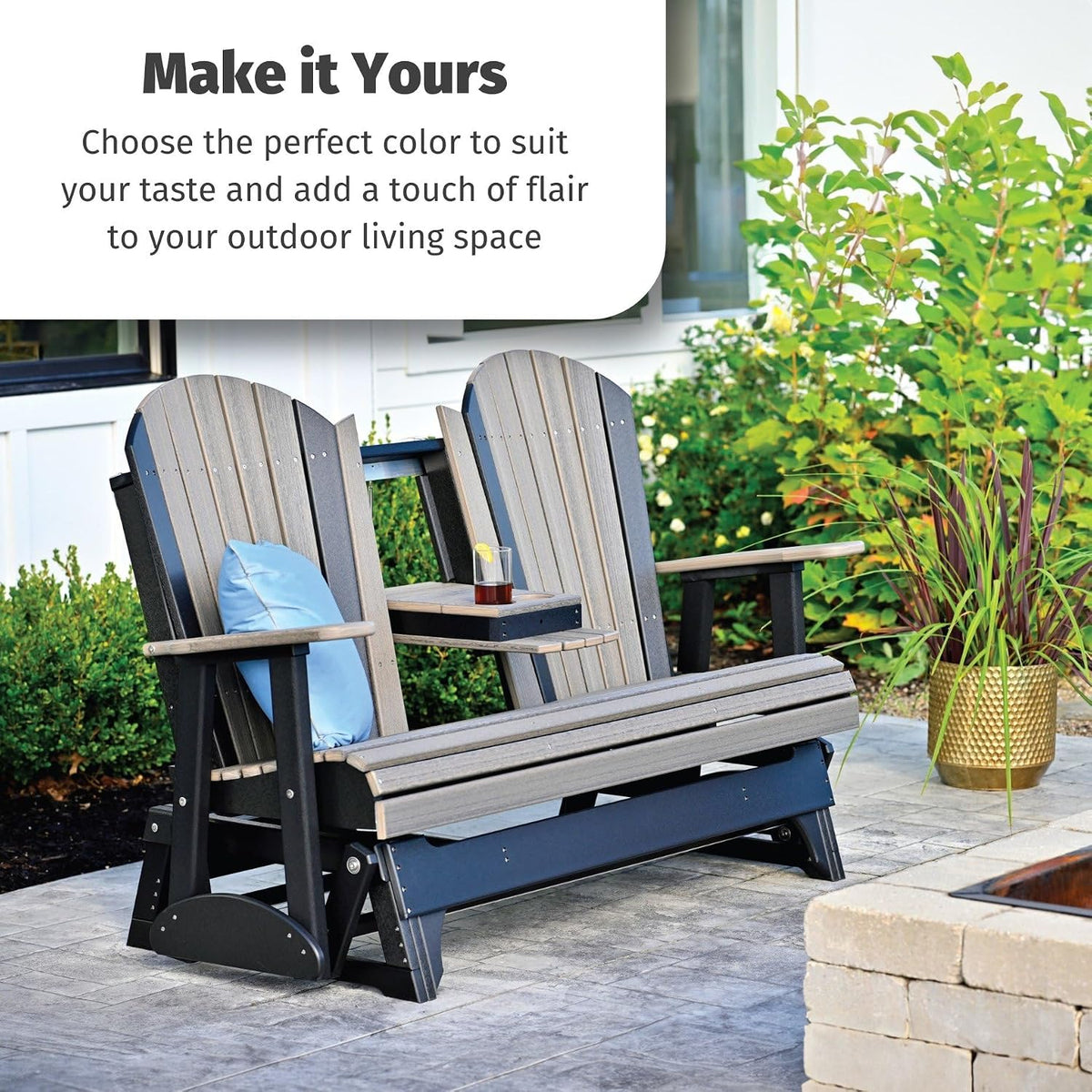 LuxCraft 5' Adirondack Double Glider Bench, 2 Person Outdoor Glider Chair, Outdoor Gliding Loveseat (Coastal Gray & Black)