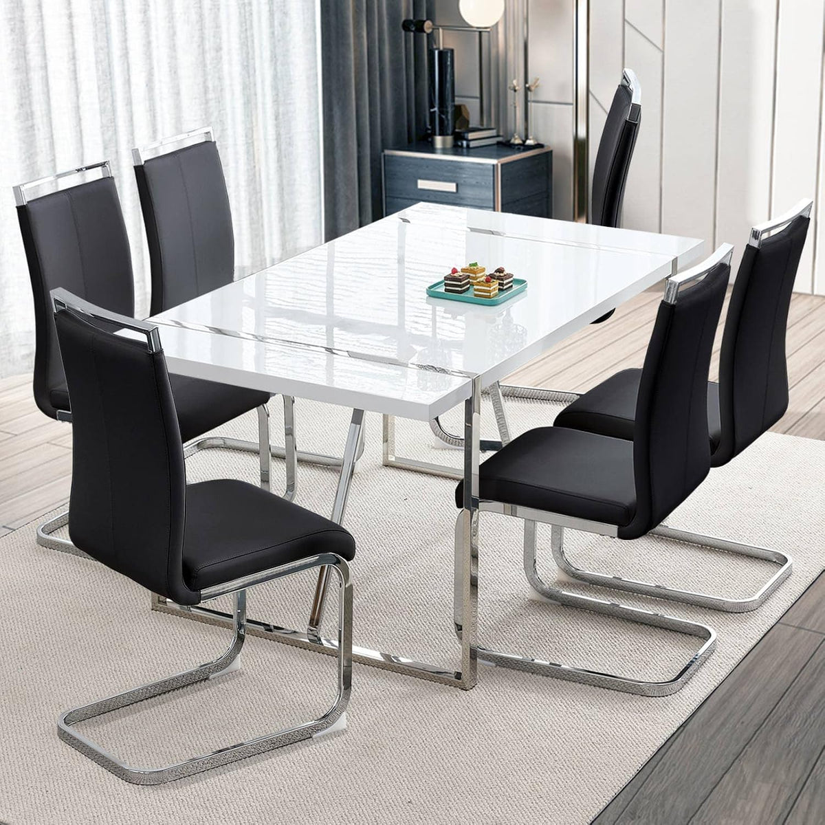 Ebullient Dining Table Set for 6，White Rectangular MDF Kitchen Table and Leather Dining Chairs Set of 6, 7 Piece Dining Table Set，Modern Dining Room Table Set 6 with Metal Frame for Kitchen