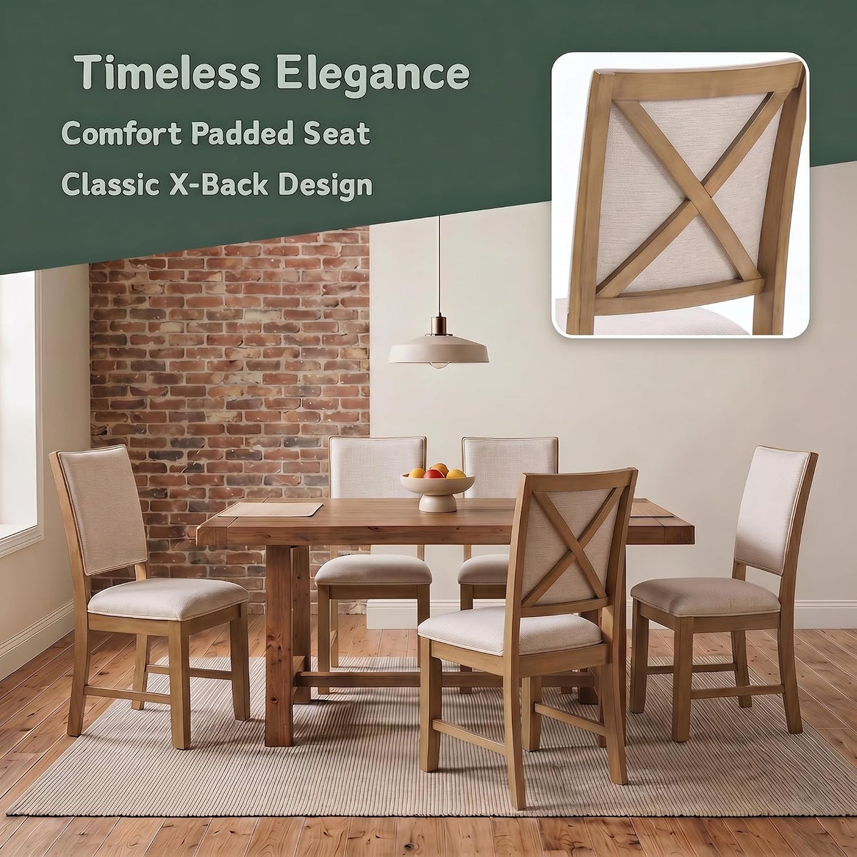 Upholstered Dining Chairs Set of 6 Farmhouse Kitchen Chairs with Cross Back Armless Wooden Side Chairs for Dining Room, Living Room, Reception (Grey Linen + Brown Frame)