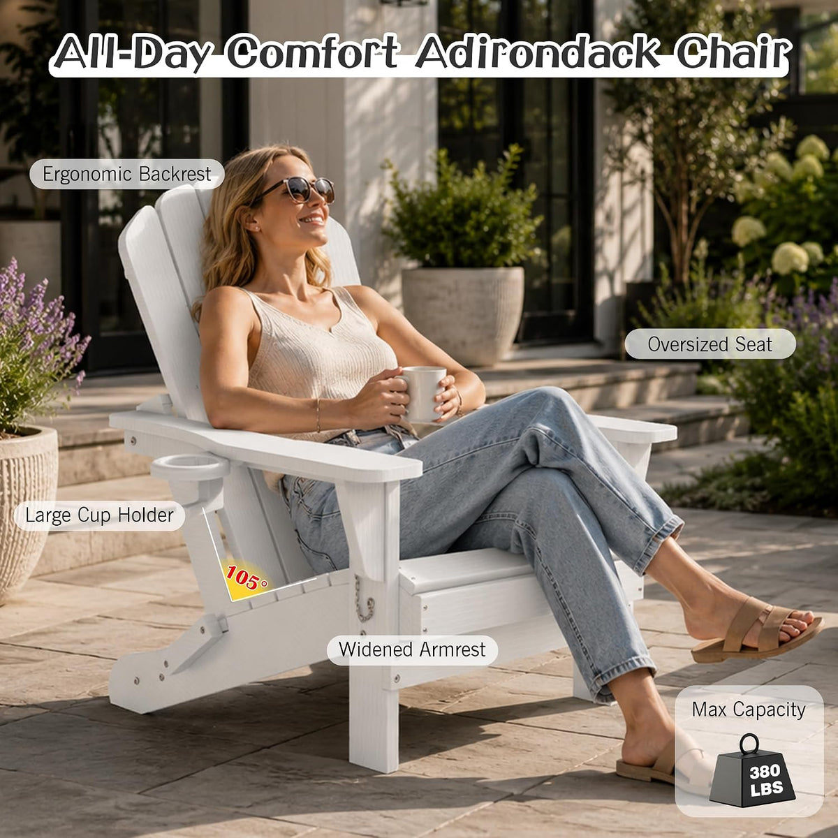 Domi Folding Adirondack Chair Set of 8, HDPE All-Weather Adirondack Chairs with Cup Holder, Outdoor Plastic Fire Pit Chairs Wood Texture for Poolside, Patio, Backyard, Deck (White)