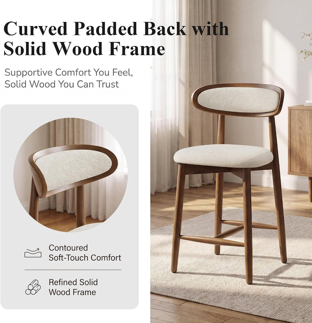 Bar Stools Set of 2, 24.8″ Counter Height Barstools with Wood Legs
