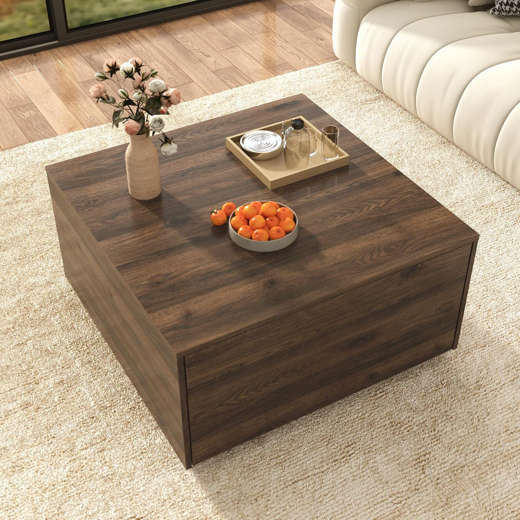 31 Inch Large Square Coffee Table with Storage,Wooden Coffee Table(Walnut)