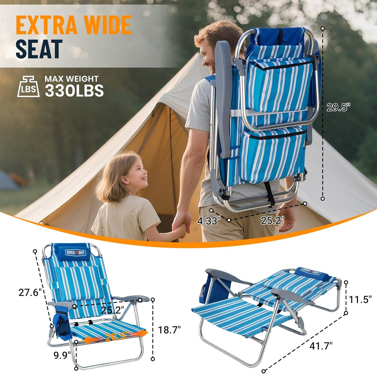 Overmont 2-Pack Low Beach Chairs with Cooler Bags - 6-Position Lay Flat