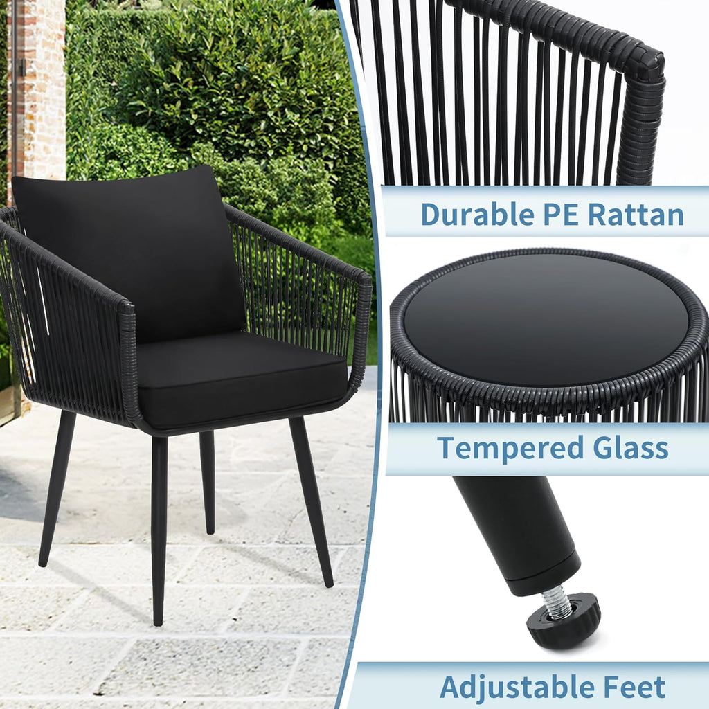 kromax 3-piece patio rattan bistro conversation set, black, close-up detail