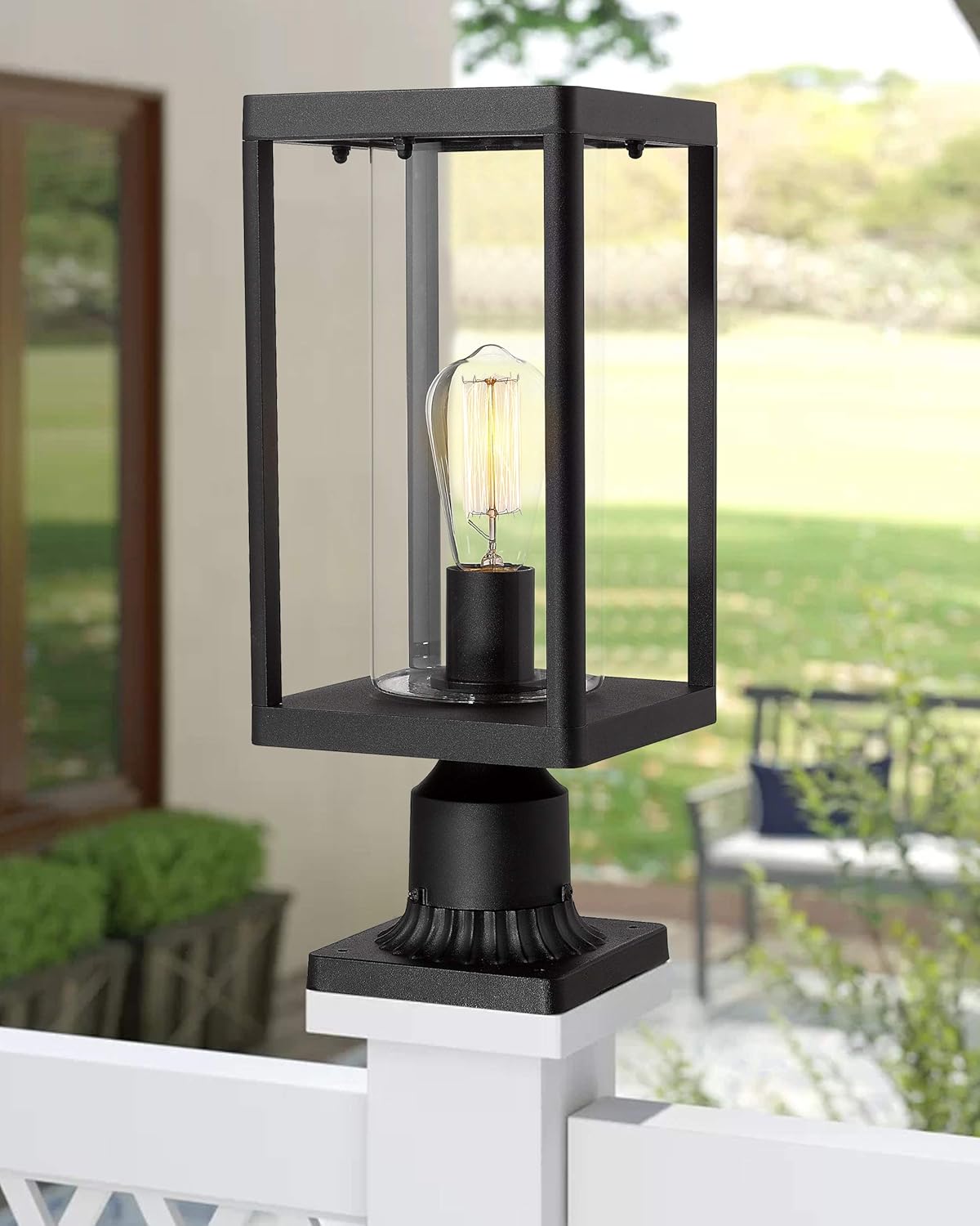 Beionxii Outdoor Post Lantern, 20inch Large Modern Lamp Post Light Fixture Exterior Pillar Lights with Pier Mount Base, Black Cast Aluminum w/Clear Cylinder Glass - A291P-2PK (NOT Solar, 110-120V AC)