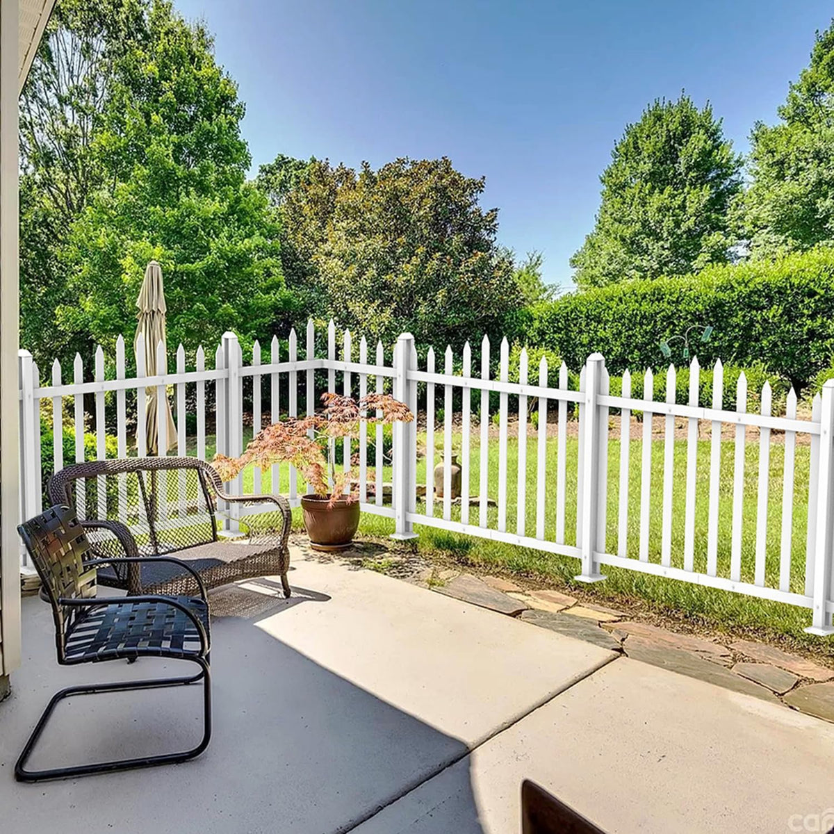 1 Set Vinyl Picket Fence Panels White 84''Wx36''H PVC Decorative Fencing Barrier for Outdoor Porch Patio Backyard Garden Pool with 20 Pickets Curved