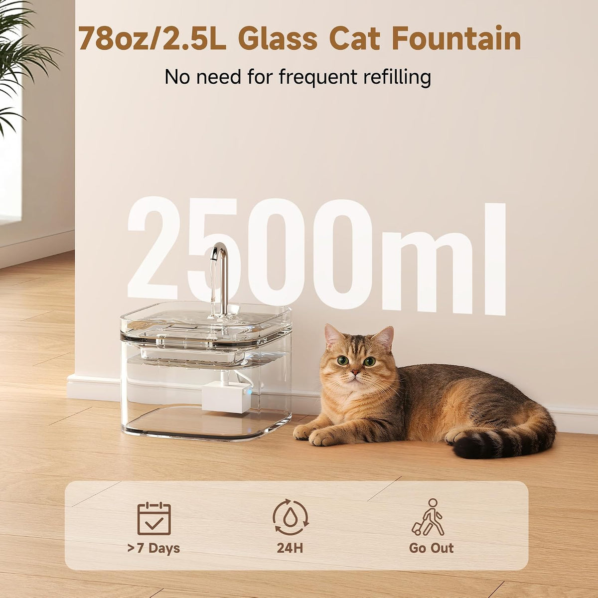 PETTEN Glass Cat Water Fountain,Easy Clean,No Plastic(78oz/2.5L)