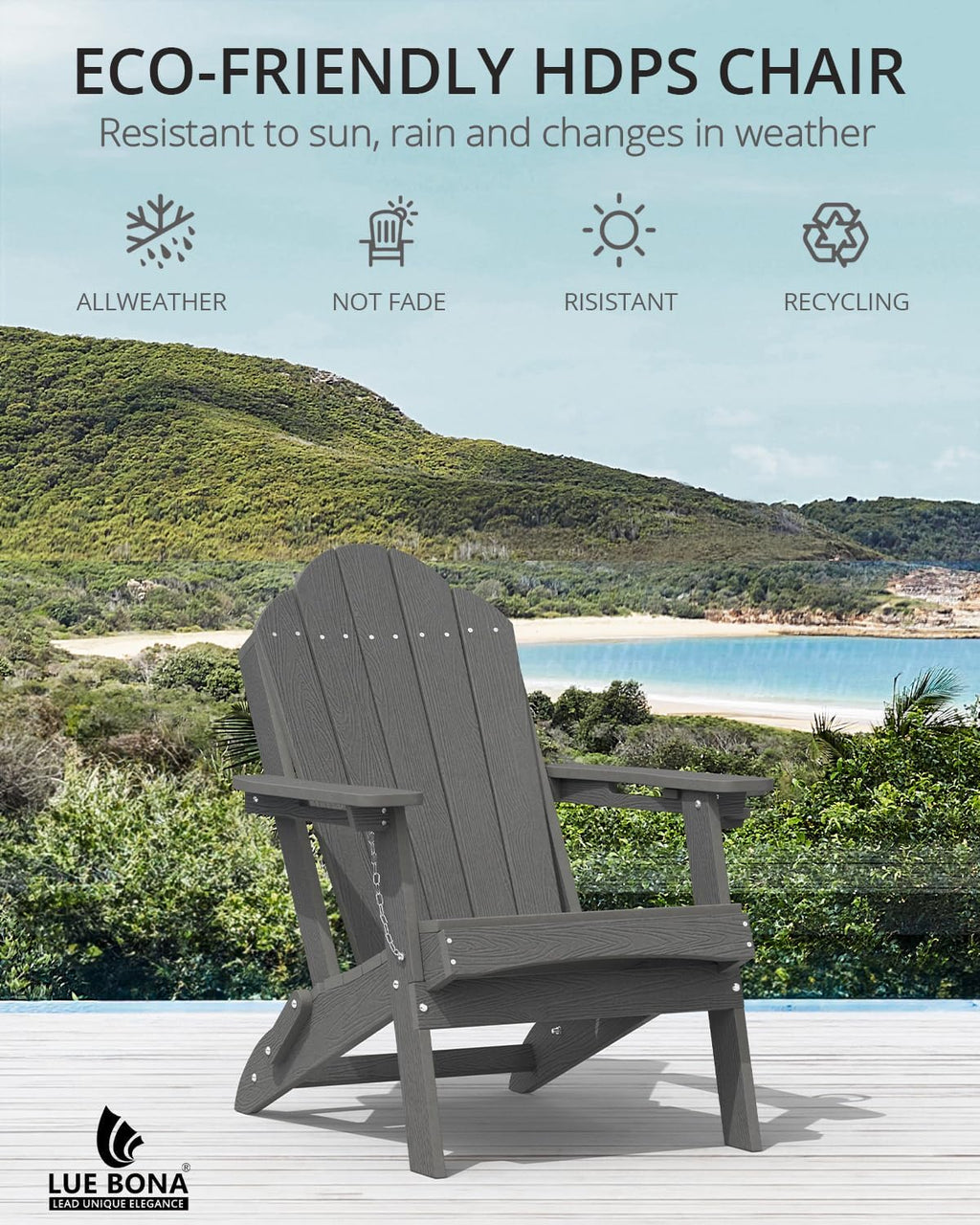 LUE BONA Folding Adirondack Chair, Cup Holder, Woodgrain, Fire Pit, Patio, Pool, Dark Grey
