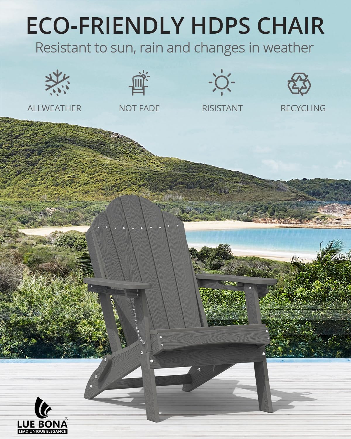 LUE BONA Folding Adirondack Chair, Cup Holder, Woodgrain, Fire Pit, Patio, Pool, Dark Grey