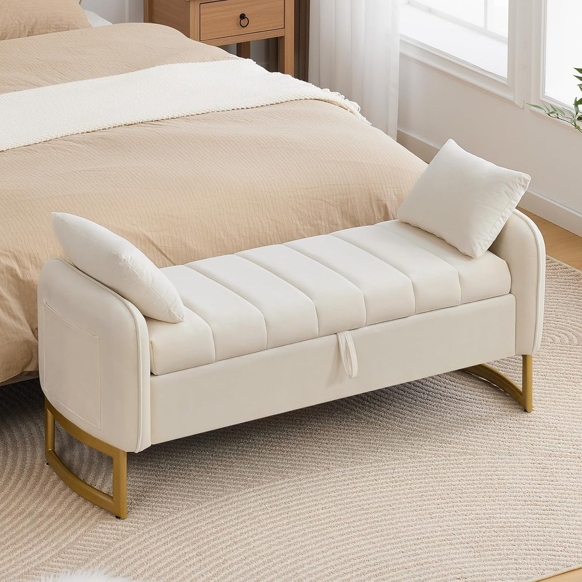 End of Bed Storage Bench, 51'' Storage Ottoman Benches for Bedroom, Cream