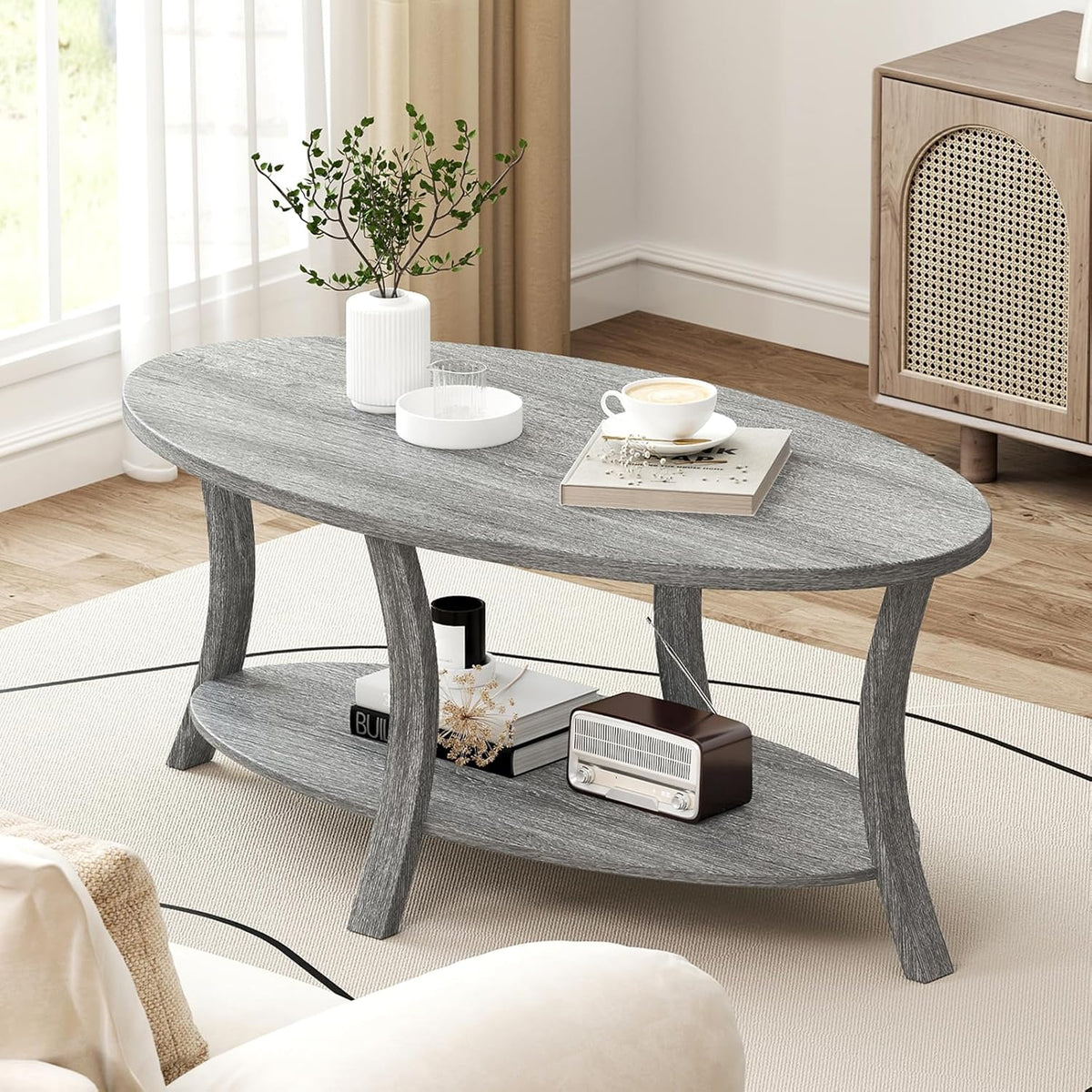 GIANTEX 44 Inch Oval Coffee Table, 2-Tier Center Table with Storage Shelf & Rubber Wood Frame, Modern Farmhouse Living Room Table for Reception Office, Gray