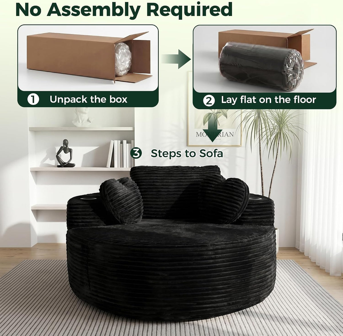 56''Oversized Round Chair Lounge Chaise Indoor with Cup Holders & Side Pocket, Corduroy Cloud Circle Single Boneless Deep Seat Chair, Modern Comfy Floor Sofa with Heart Pillows for Living Room,Bedroom