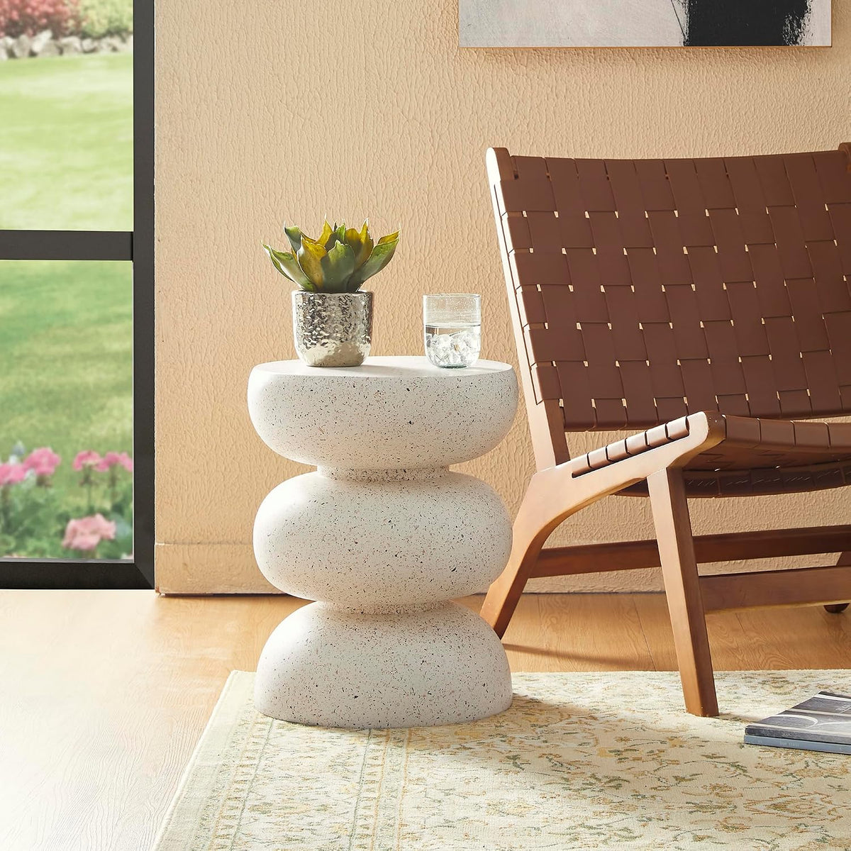 Glitzhome Outdoor Side Table Set of 2, 18" H Decorative Garden Stool MgO Faux Terrazzo End Table, Heavy Duty Indoor Outdoor Round Planter Stand for Living Room Bedroom Patio Deck Poolside,White