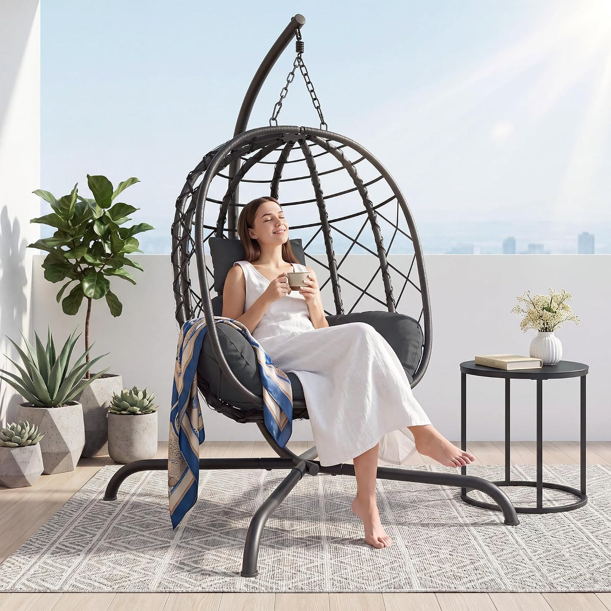 Hanging Egg Chair with Stand Patio Wicker Rattan Swing Chair Hammock Egg Chair for Indoor & Outdoor 400lbs Capacity with Thickened Cushion for Bedroom Balcony Garden, Deep Grey