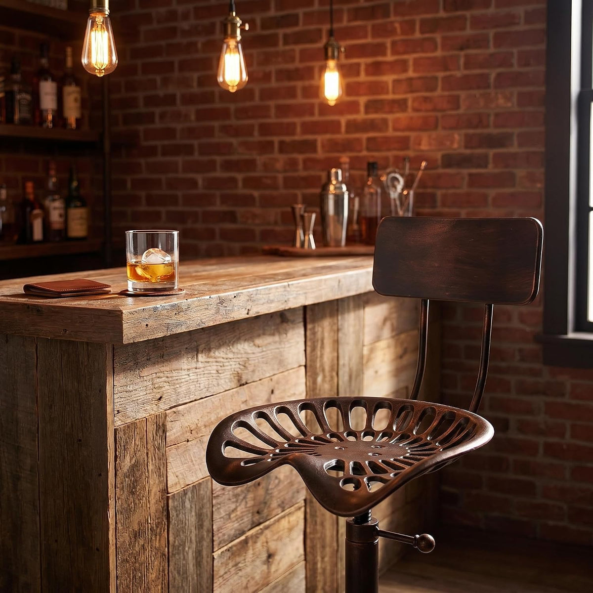 Industrial Design Metal Adjustable Height Backrest Chair Vintage Tractor Saddle Bar Stool Copper