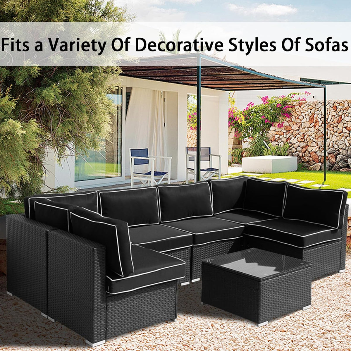 14Pieces Patio Cushion Covers Replacement,Outdoor Couch Cushions Covers Waterproof Furniture Cushion Covers Slipcovers Set with Zippers,Cover Only(Black+White, 25.6×25.6×3.94inches)