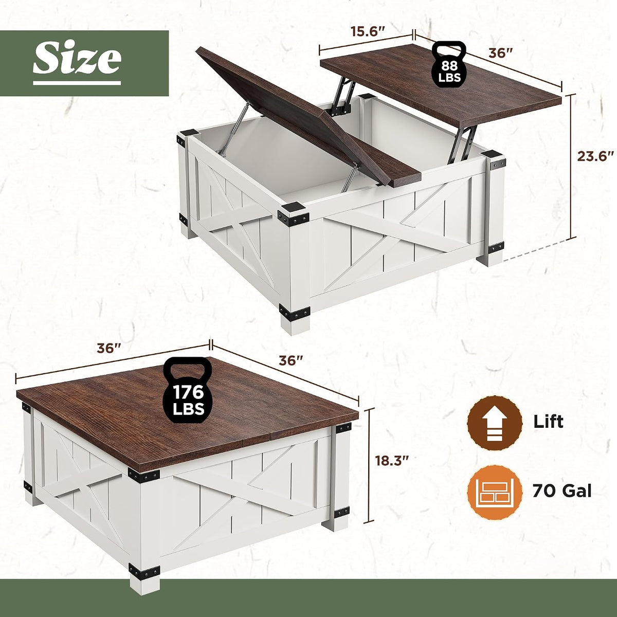 EnHomee Lift Top Coffee Table with Storage, 36" Farmhouse Coffee Tables for Living Room, Square Coffee Table with Large Hidden Space, for Living Room, Bedroom, Home Office, White
