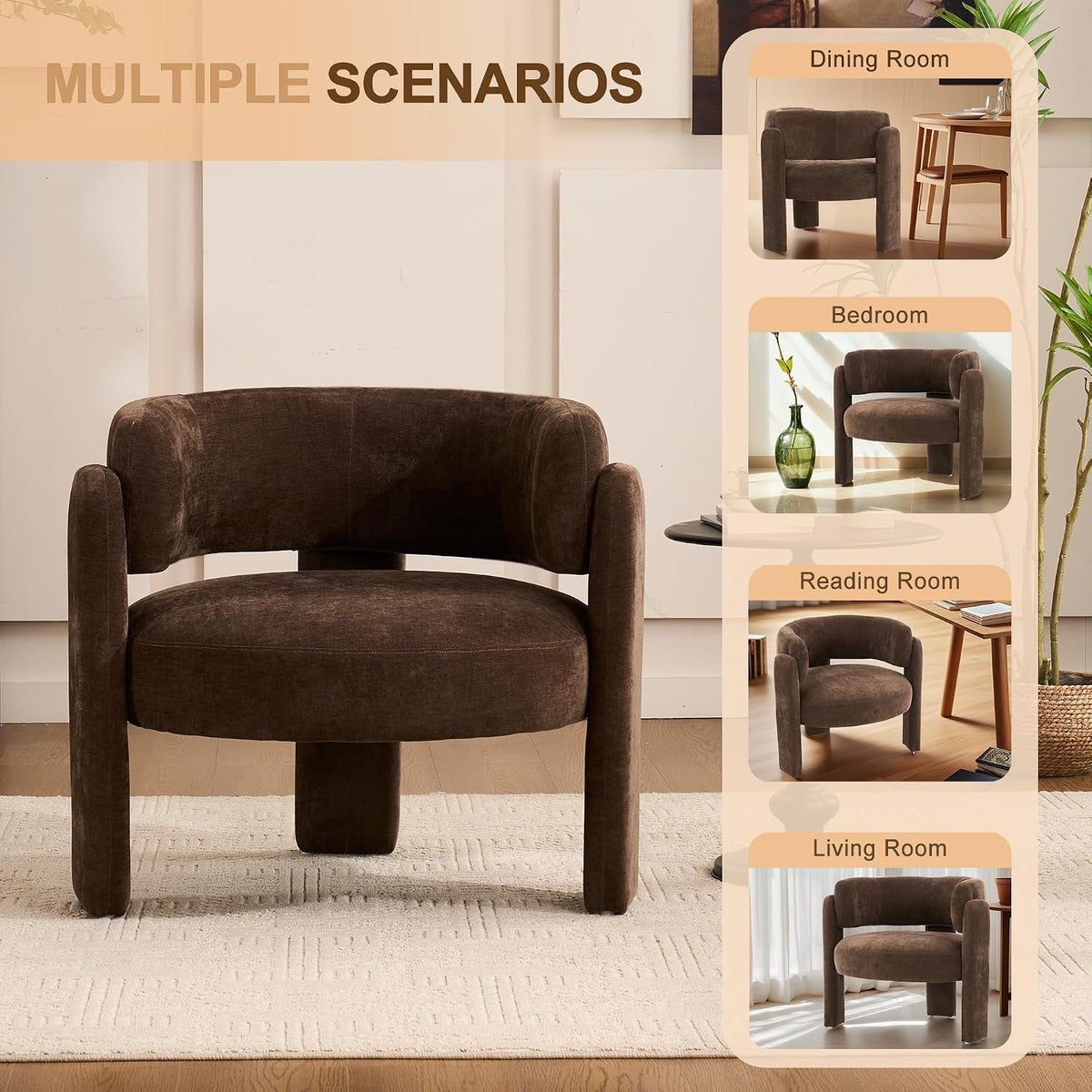 Modern Accent Barrel Chair,Mid Century Single Armchair with Curved Backrest Upholstered Side Reading Chair with 3 Legs Comfy Sherpa Chair for Bedroom Home Office Living Room (Brown)