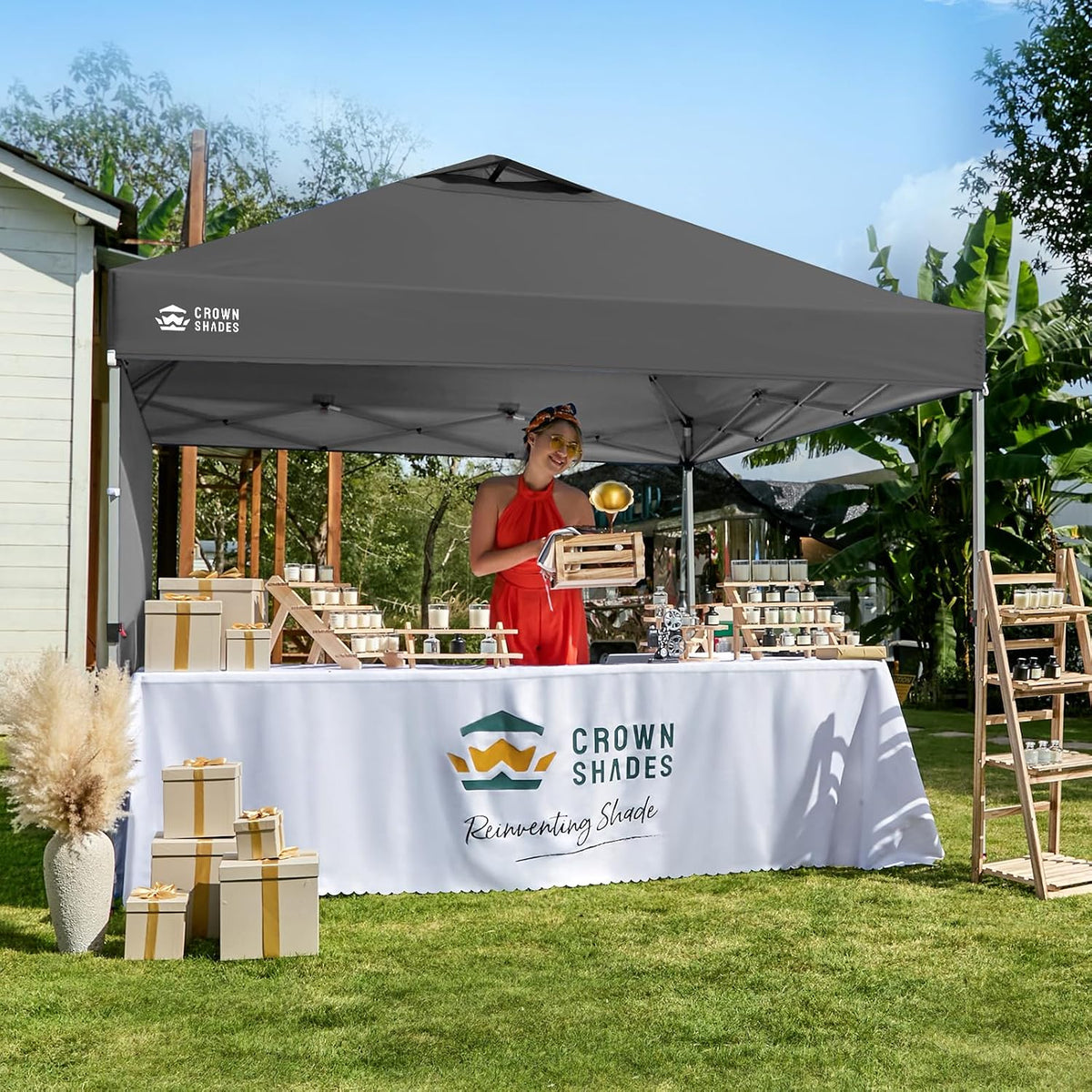 CROWN SHADES 10x10 Pop Up Canopy with 1 Side Wall, Beach Tent, Grid Grey