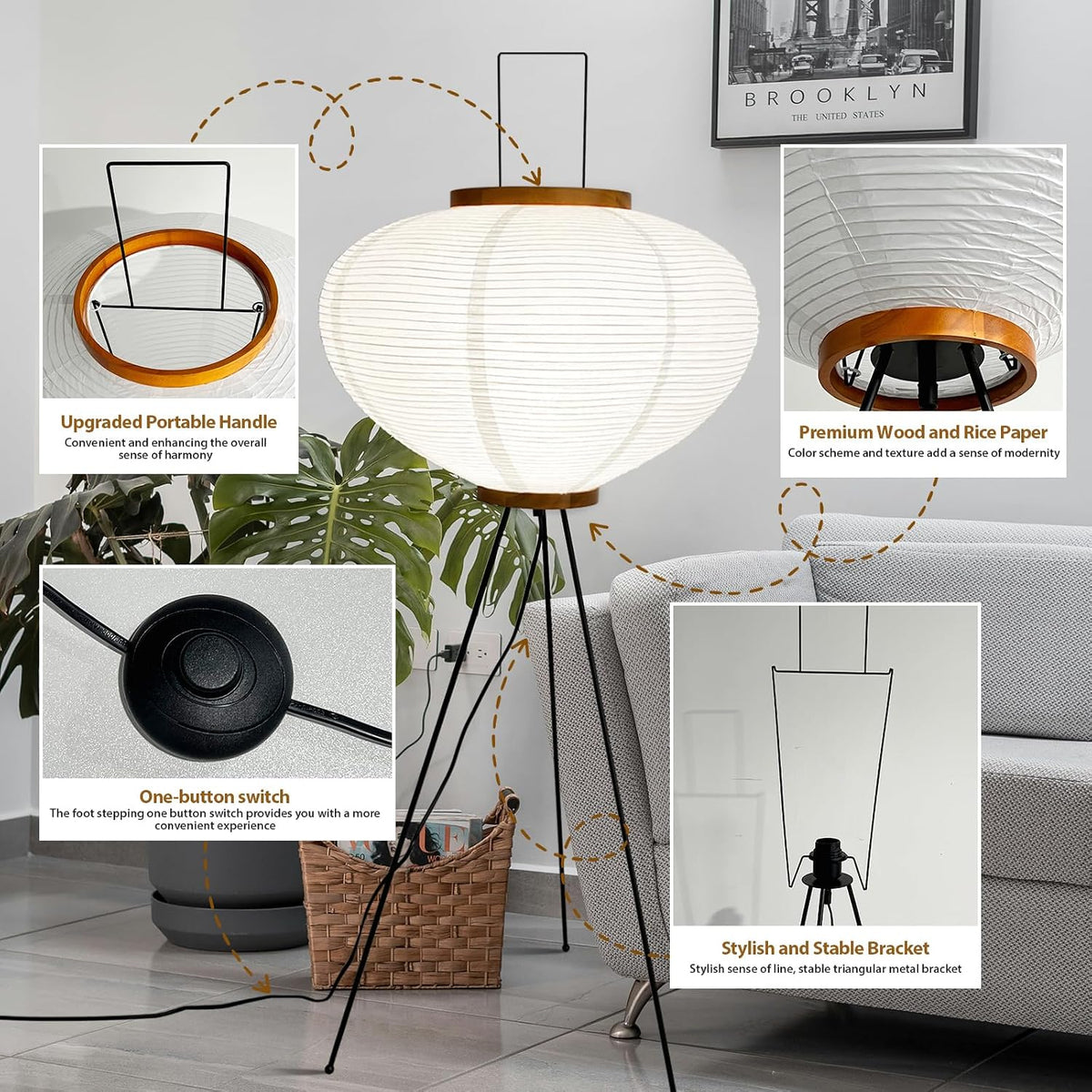 Rice Paper Floor Lamp, Japanese Paper Lantern for Wabi Sabi Decor