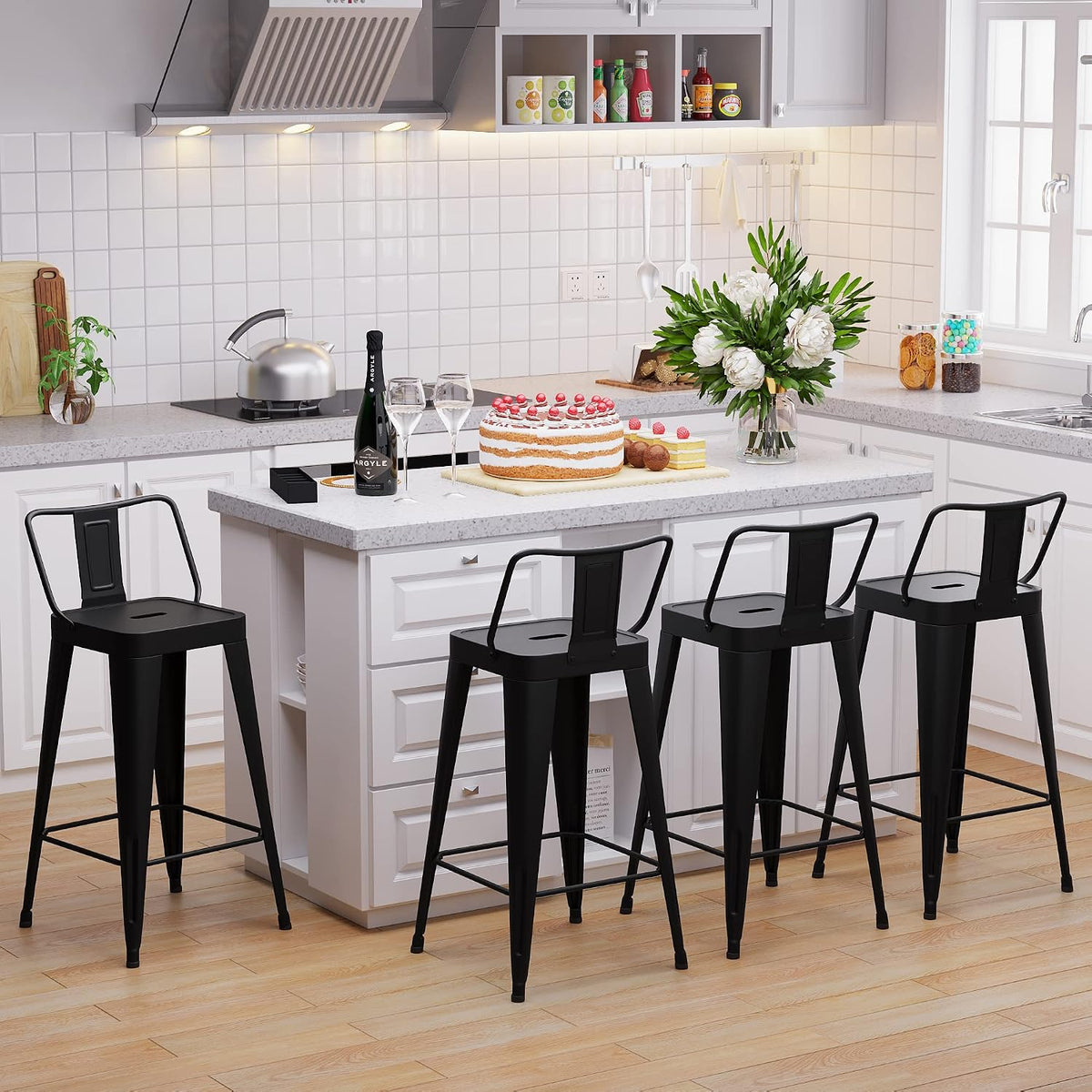 WENTMENT Metal Bar Stools Set of 4 Counter Height Black Barstools with Removable Back 24" Kitchen Bar Stools