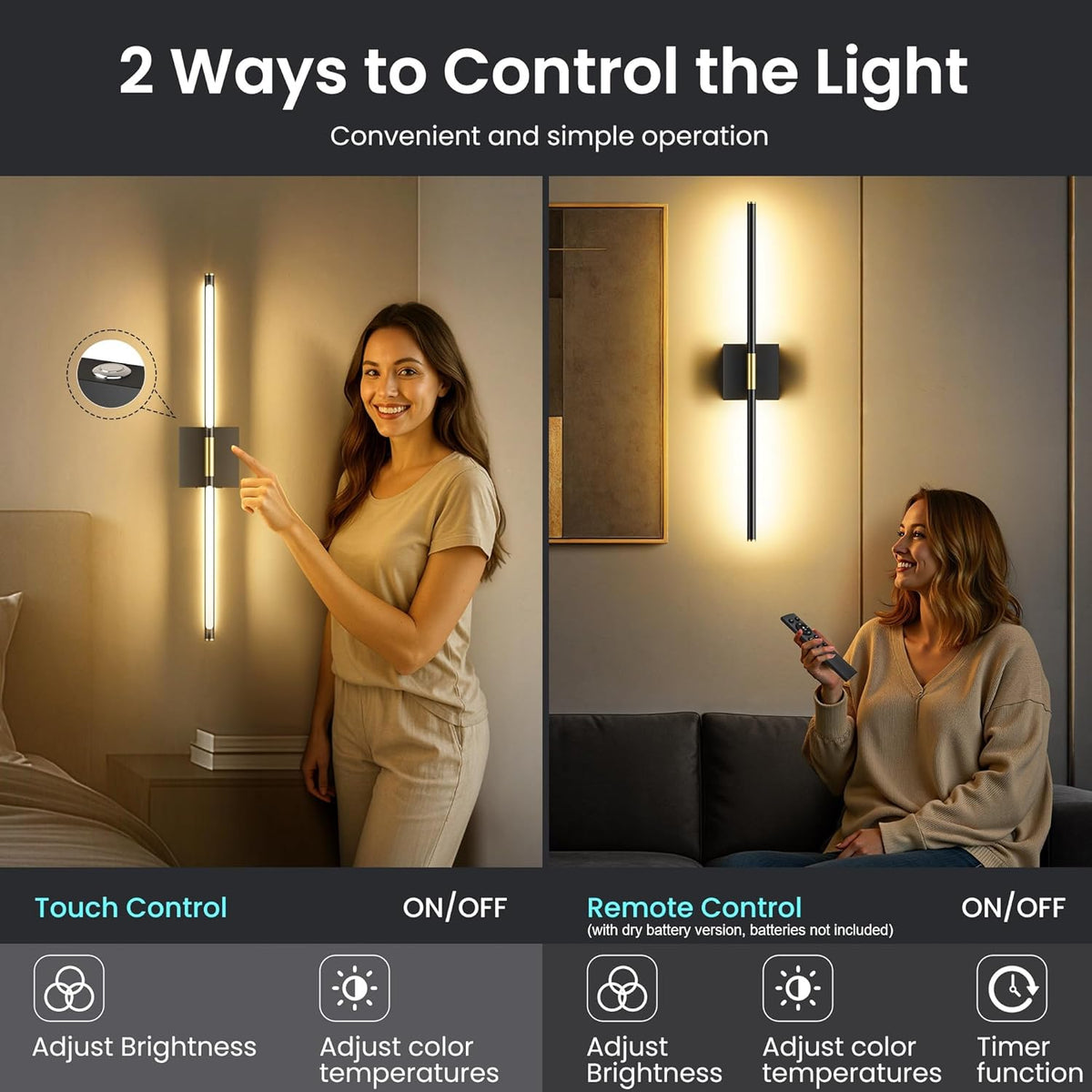 10000mAh Battery Operated Wall Sconces Set of 2, Black Gold-29Inch