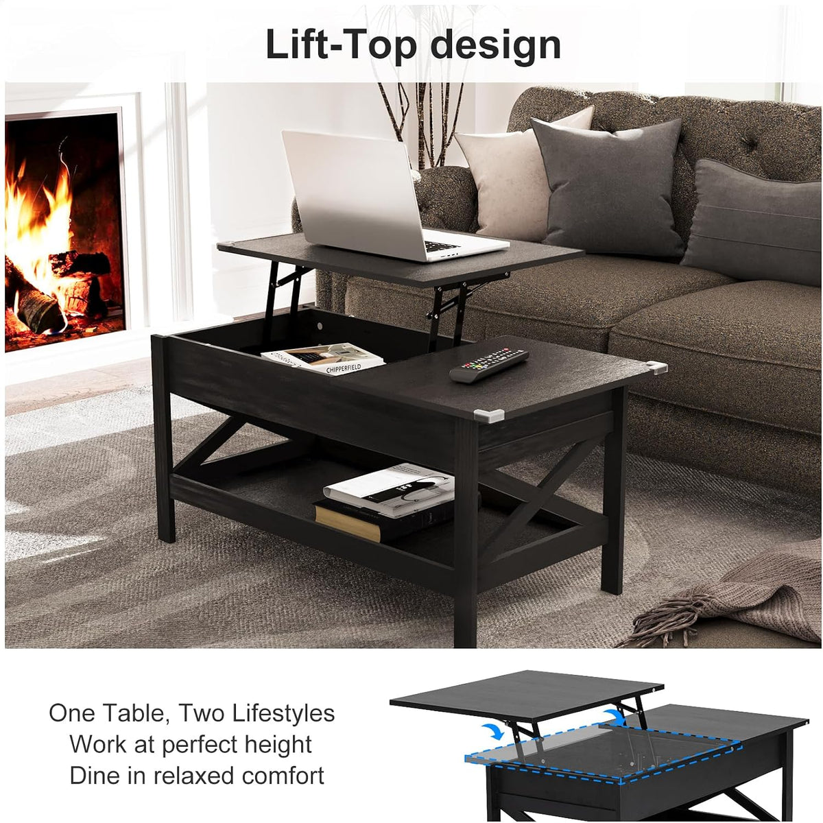 Lift Top Coffee Table with Storage, Small Coffee Table with Hidden Compartment, Dining Center Tables with Lifting Tabletop for Living Room, Home Office